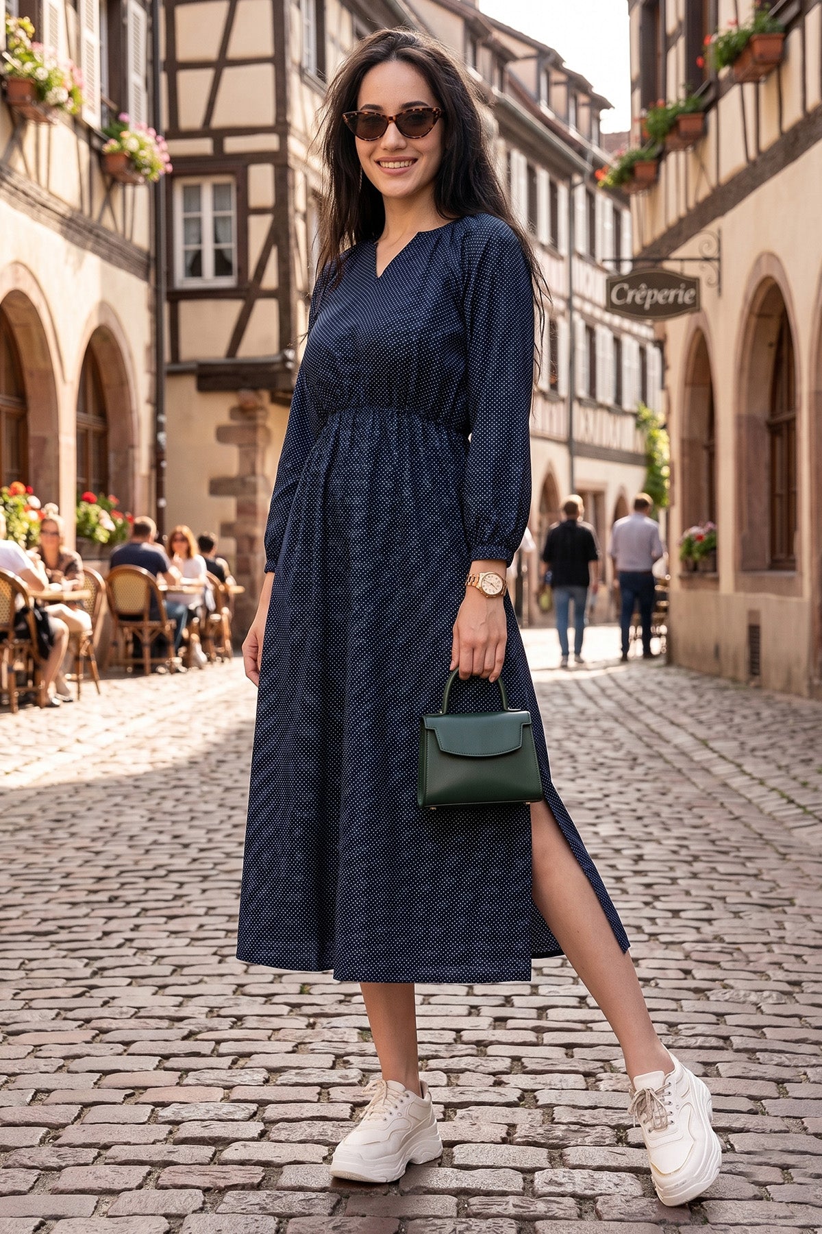 Navy Polka Dot Midi Slit Dress