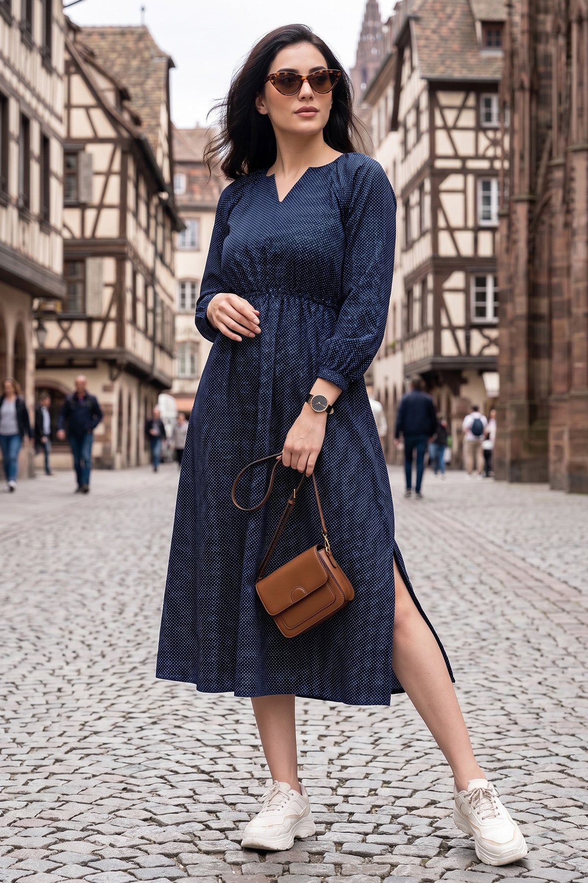 Navy Polka Dot Midi Slit Dress