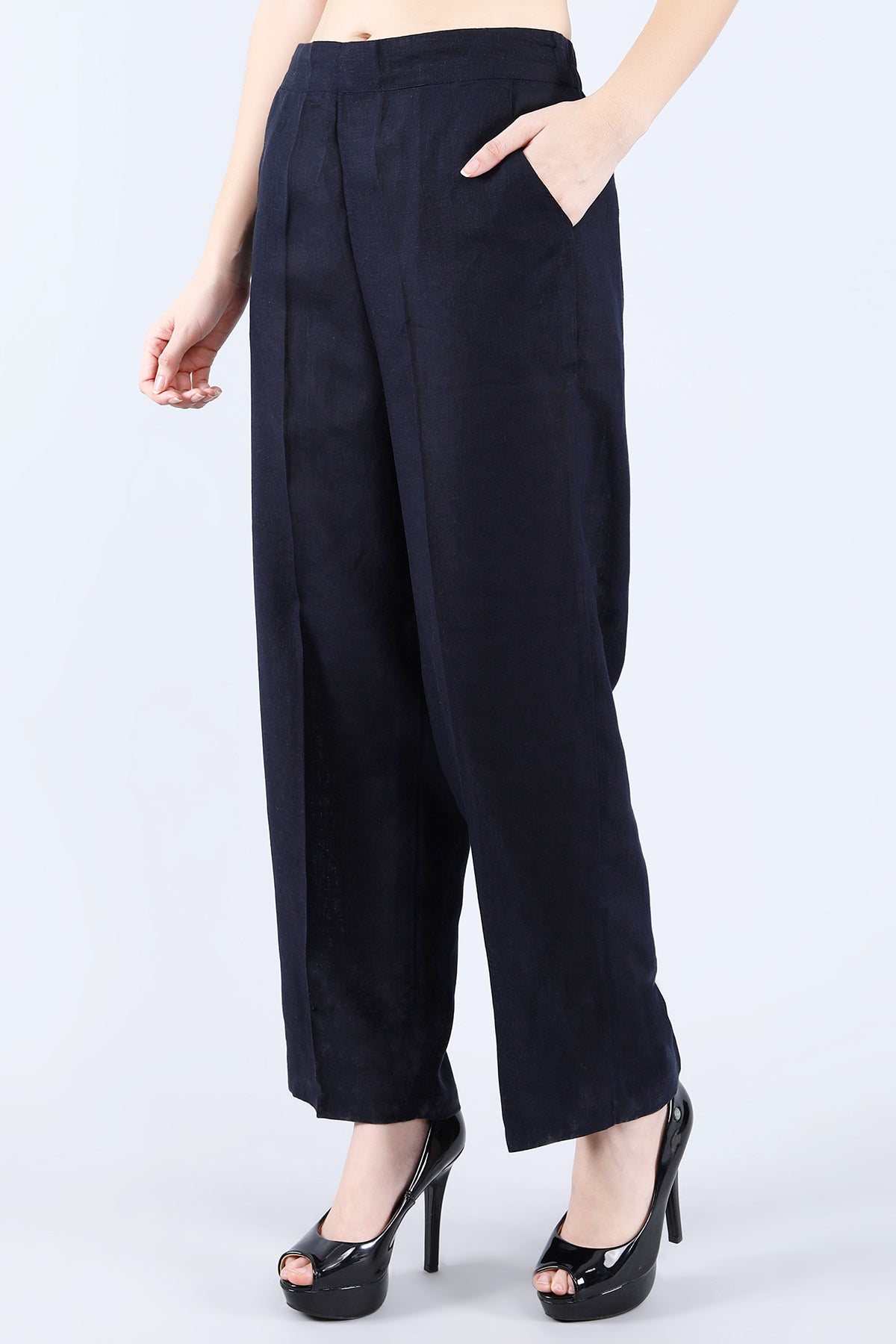 Buy Linen Bloom Navy Premium Linen Solid Pants for women online available at ScrollnShops