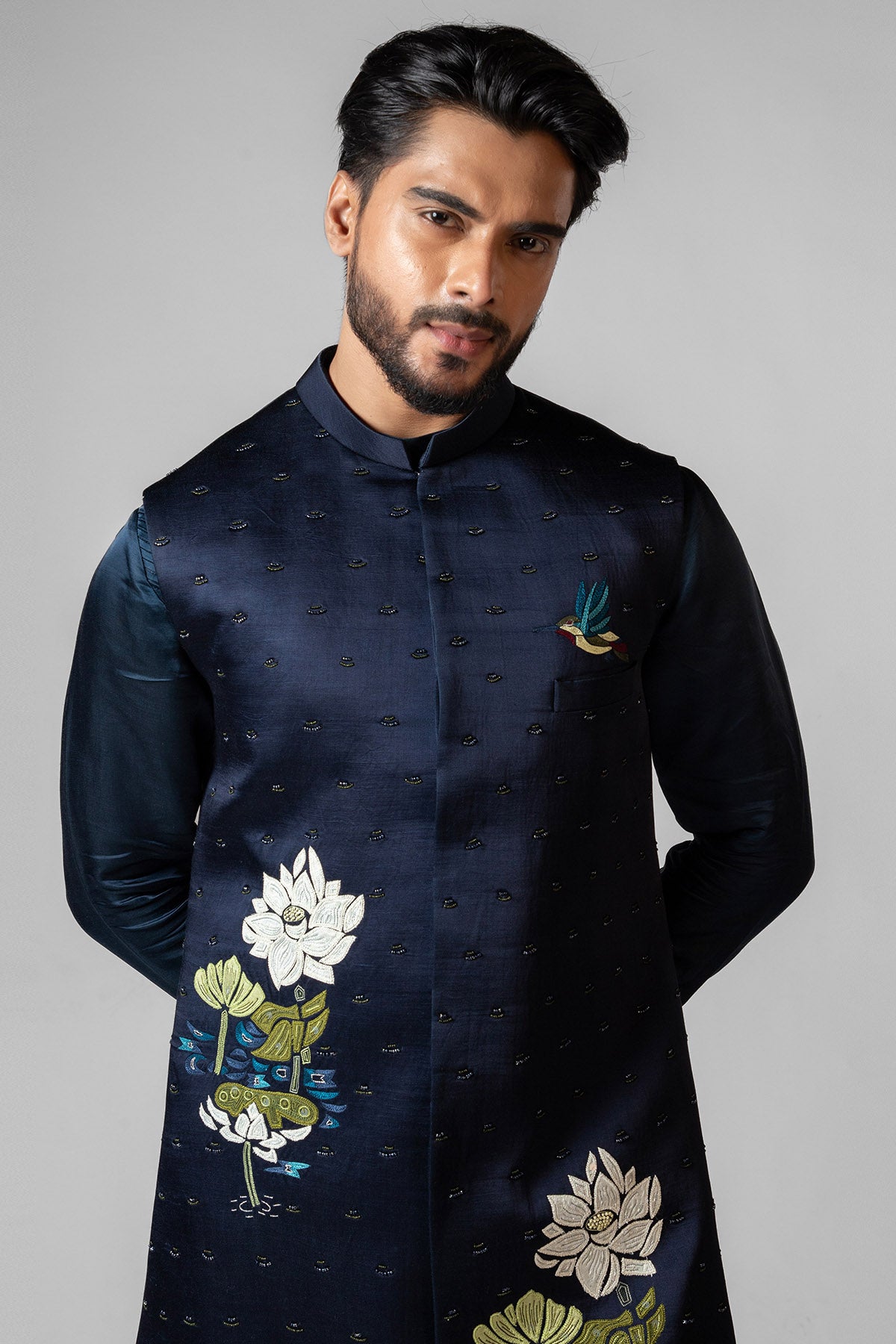 Navy Resham Applique Kurta Set