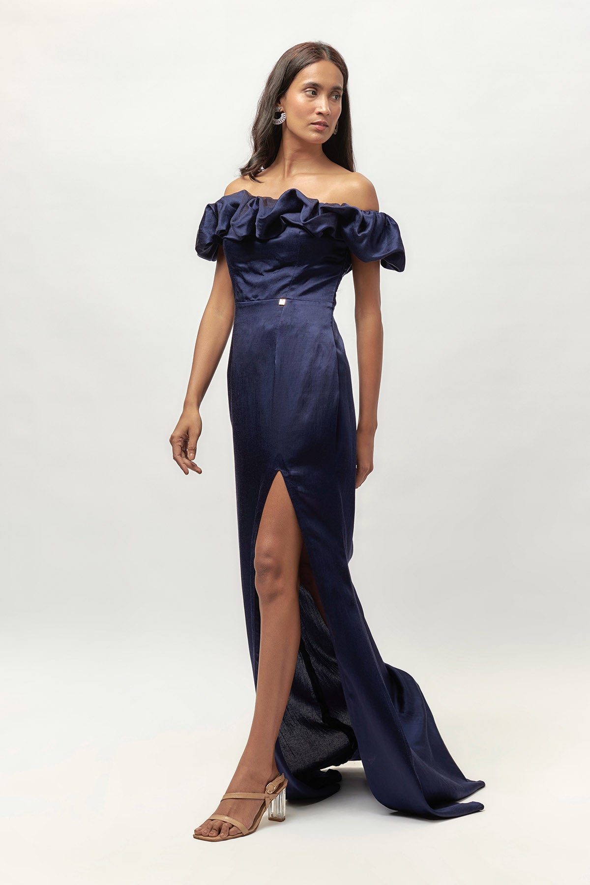 Navy Ruffle Off-Shoulder Gown