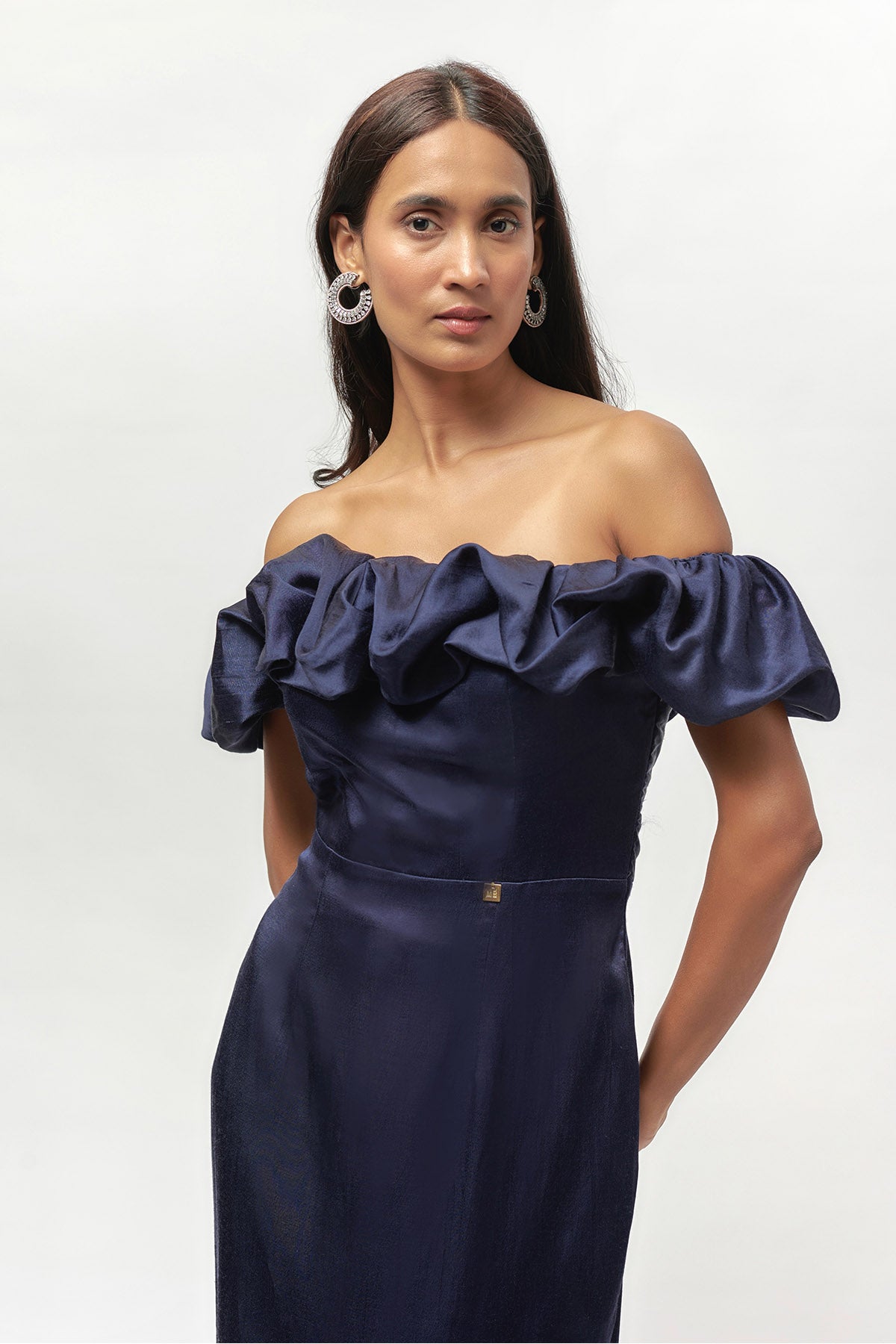 Navy Ruffle Off-Shoulder Gown
