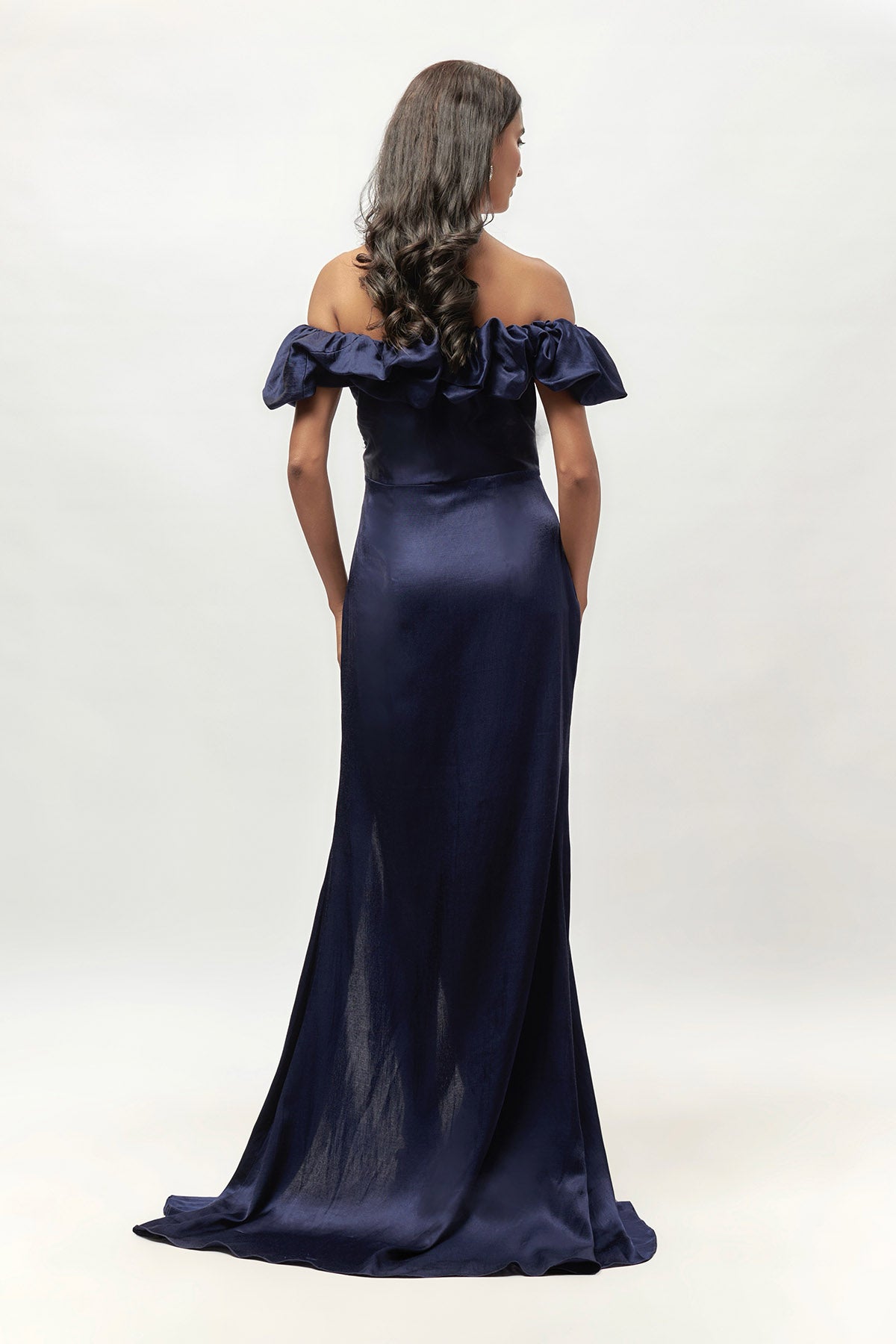 Navy Ruffle Off-Shoulder Gown