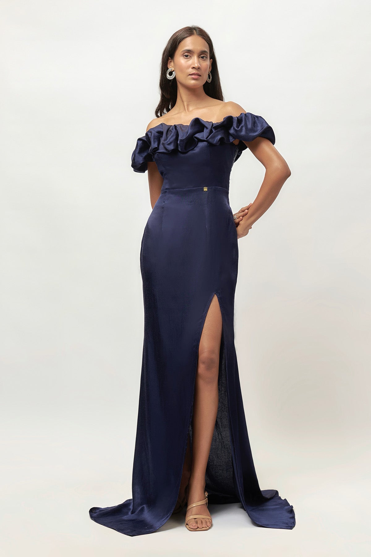 Buy Navy Ruffle Off-Shoulder Gown by Emblaze for women online at ScrollnShops