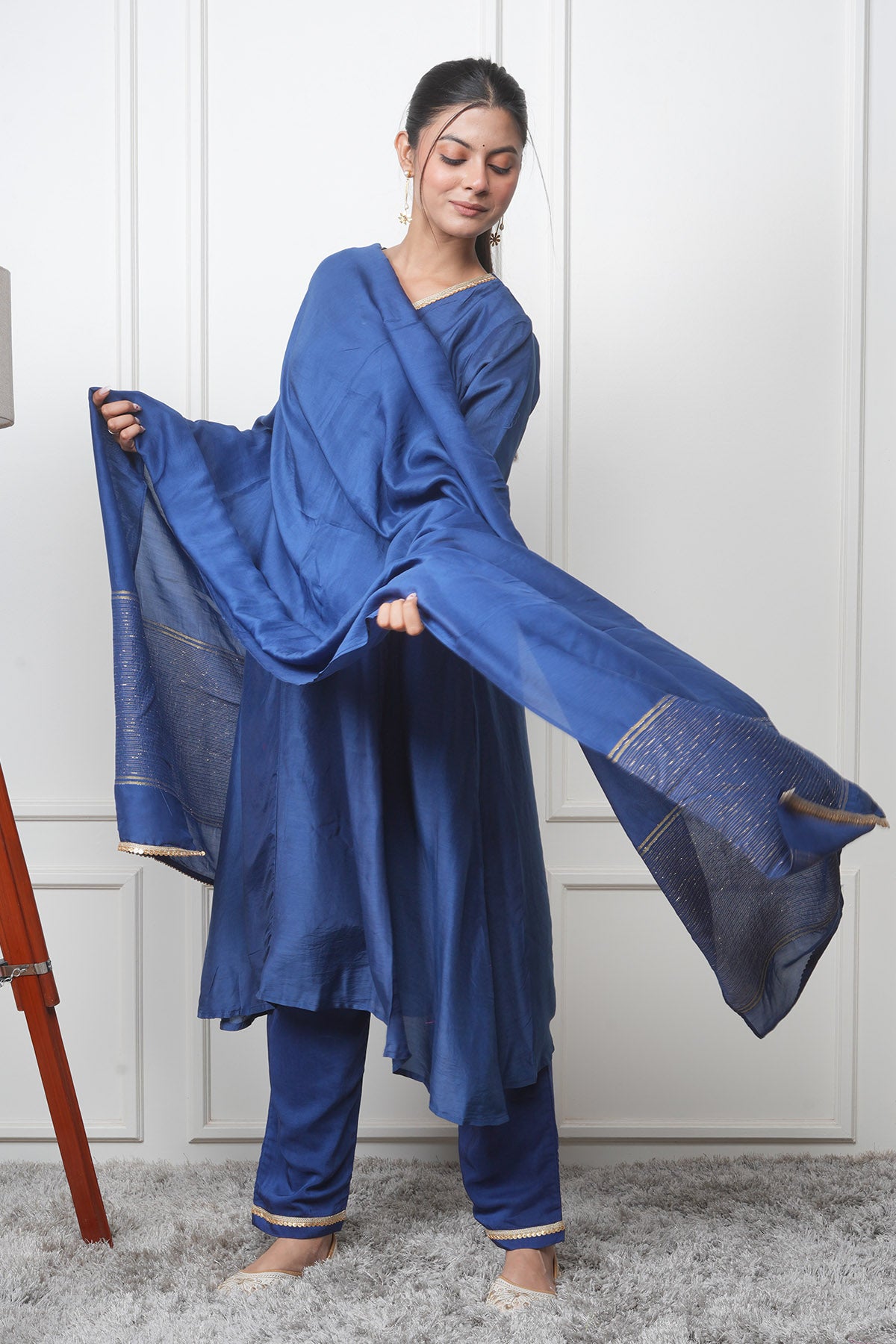 Navy V-Neck Flared Kurta Set