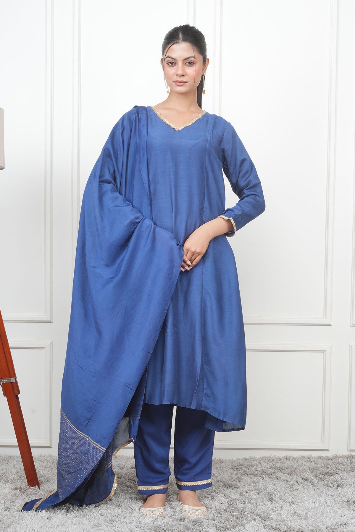 Buy Navy V-Neck Flared Kurta Set by Eesha Gupta for women online at ScrollnShops