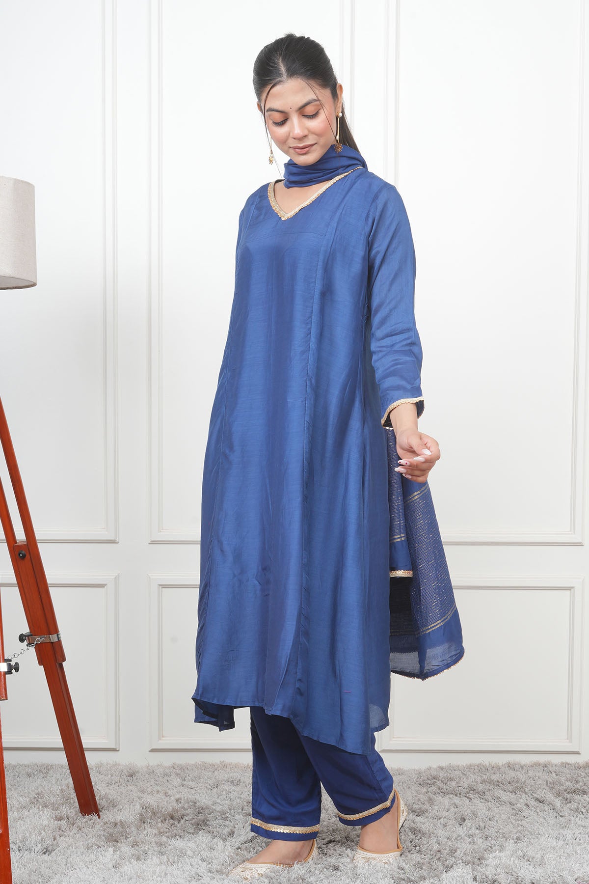 Navy V-Neck Flared Kurta Set