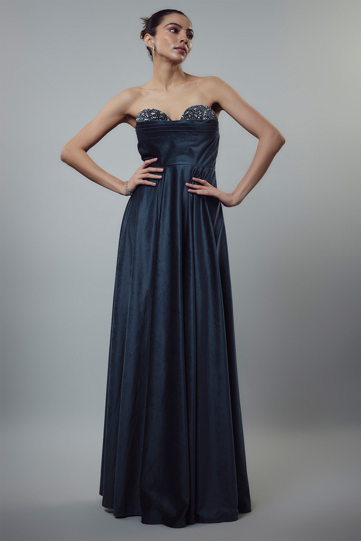 Buy Navy Velvet Embellished Gown by Emblaze for women online at ScrollnShops