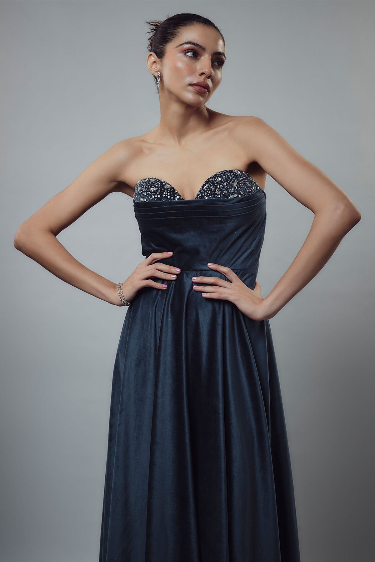 Navy Velvet Embellished Gown