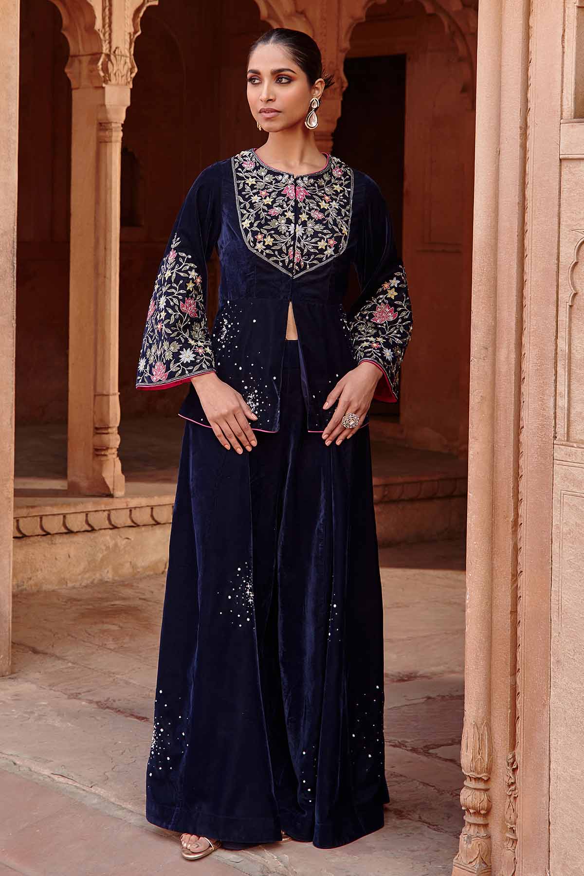 Buy Navy Velvet Jacket & Sharara by Ajiesh Oberoi for women online at ScrollnShops