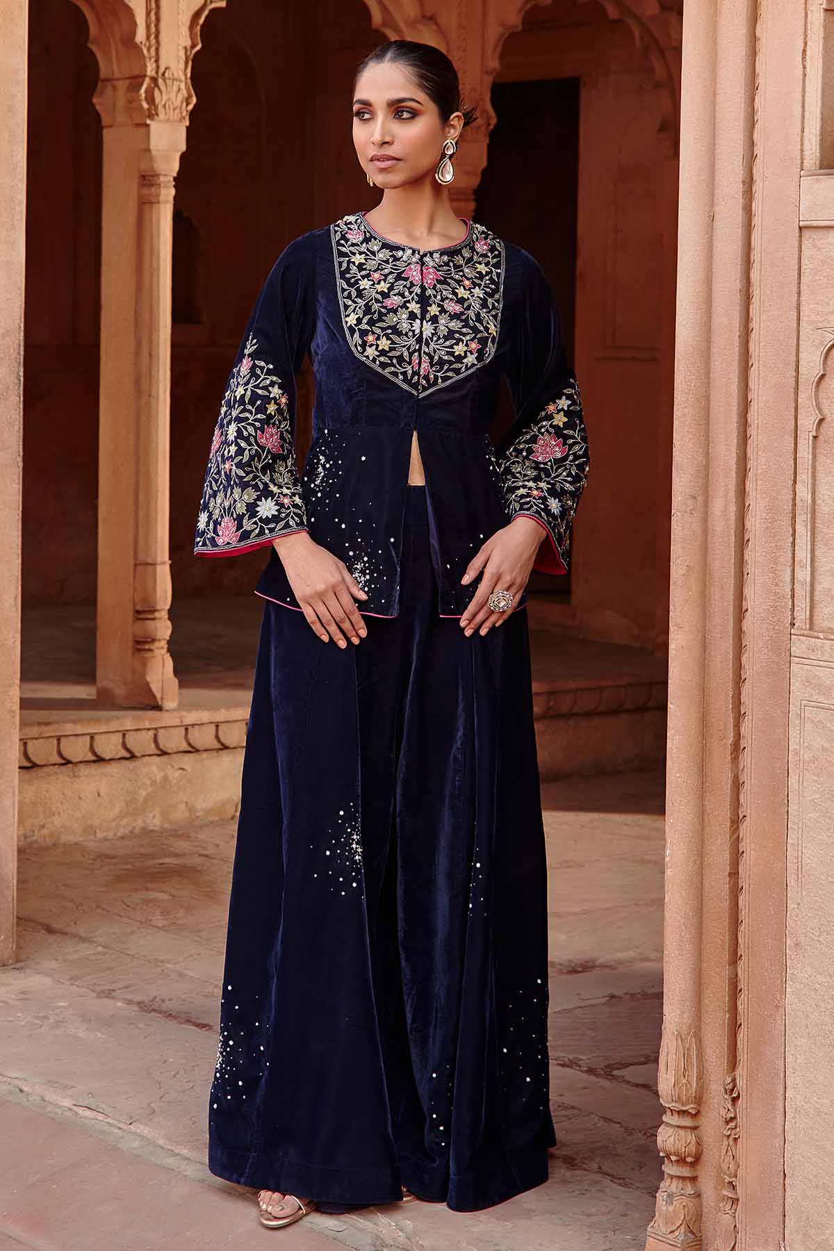 Buy Navy Velvet Jacket & Sharara Online