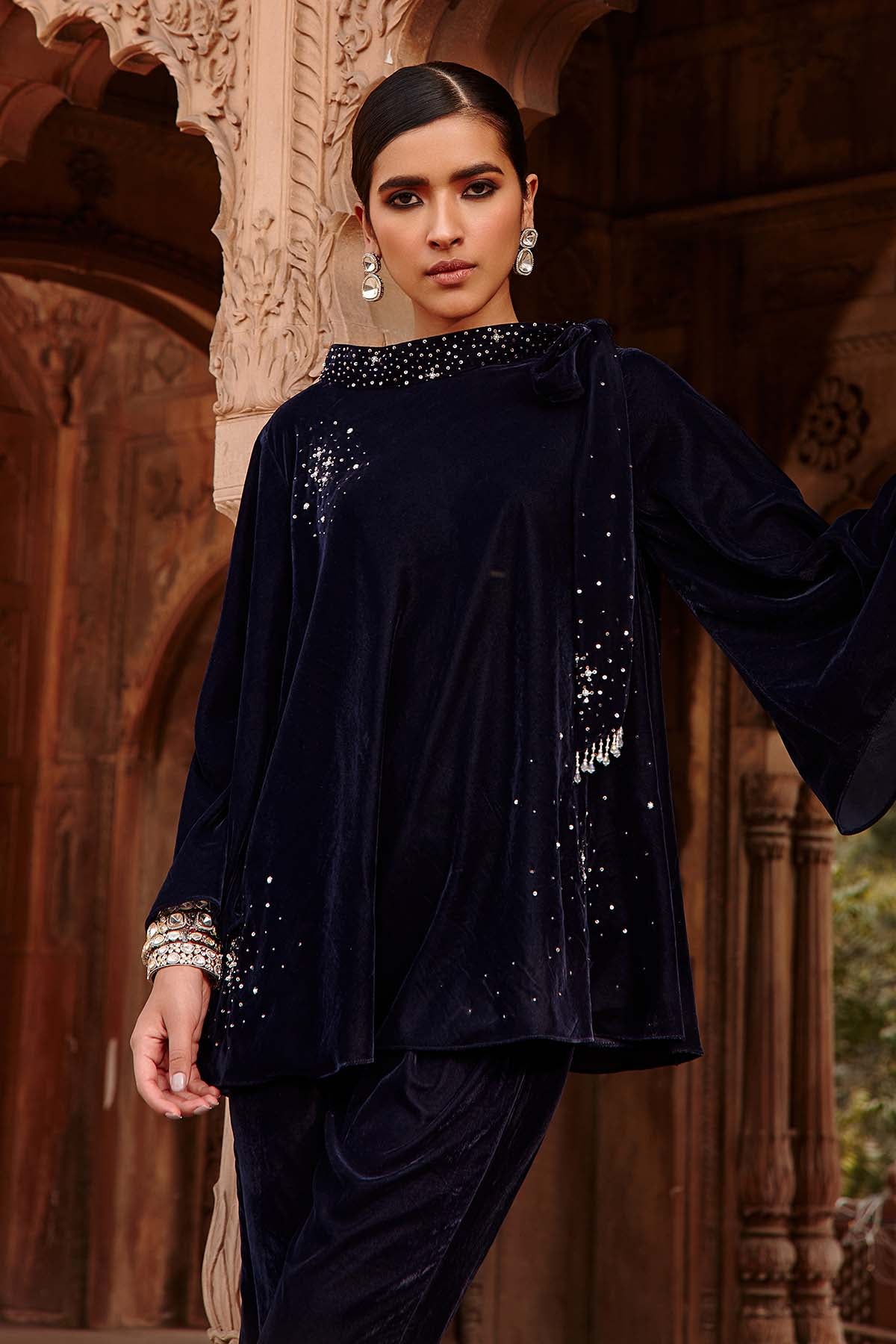 Navy Velvet Knotted Top & Pants