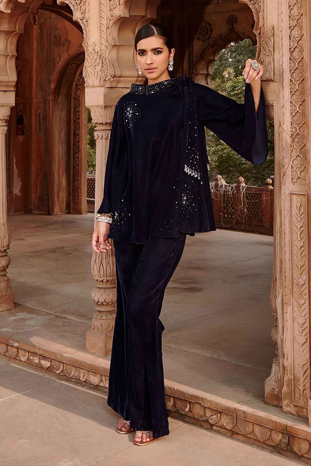 Buy Navy Velvet Knotted Top & Pants by Ajiesh Oberoi for women online at ScrollnShops