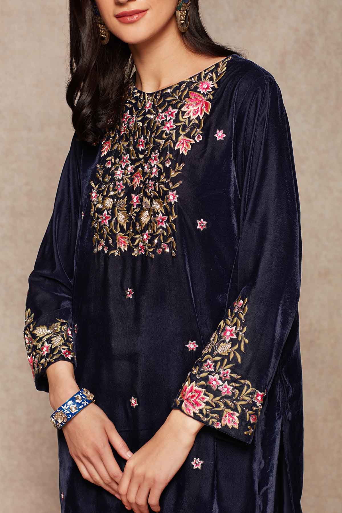 Navy Velvet Short Kurta & Dhoti