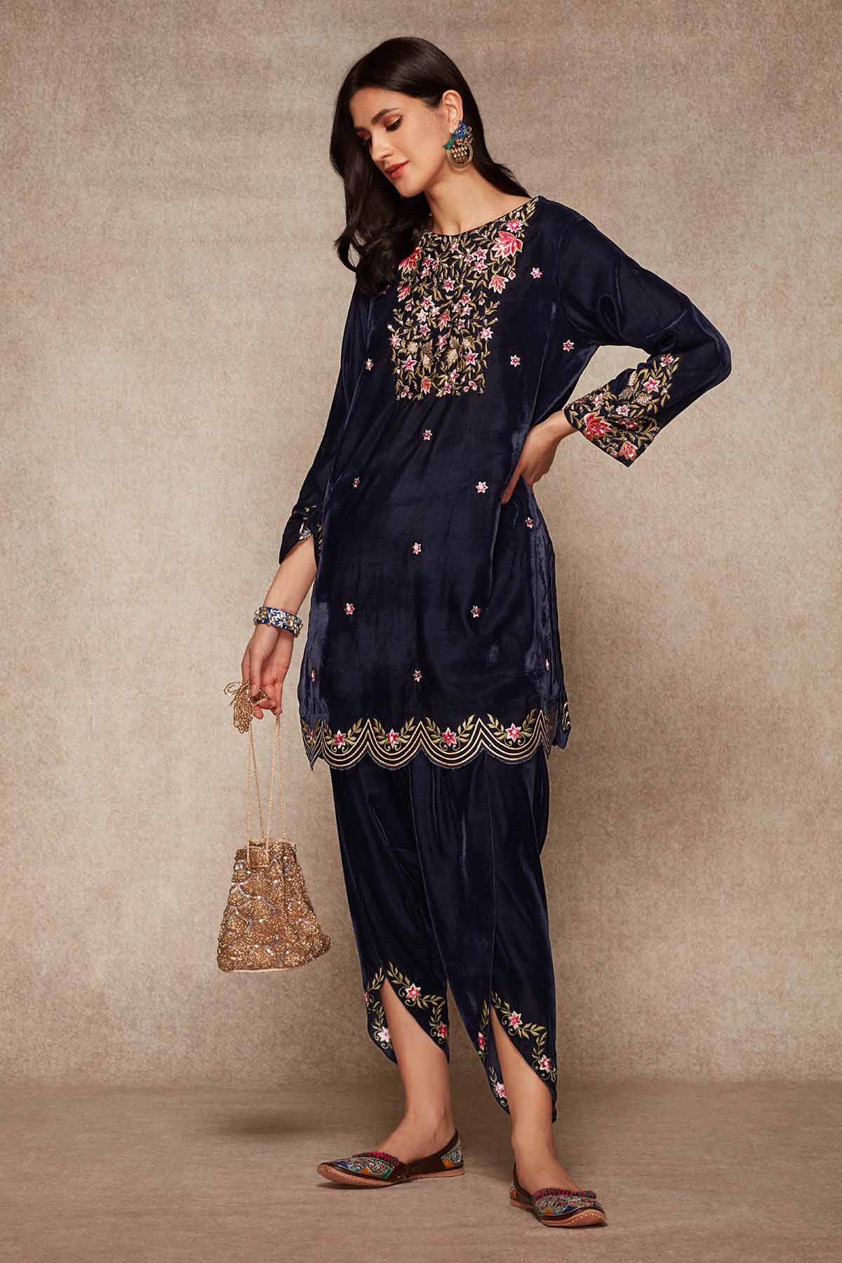 Navy Velvet Short Kurta & Dhoti