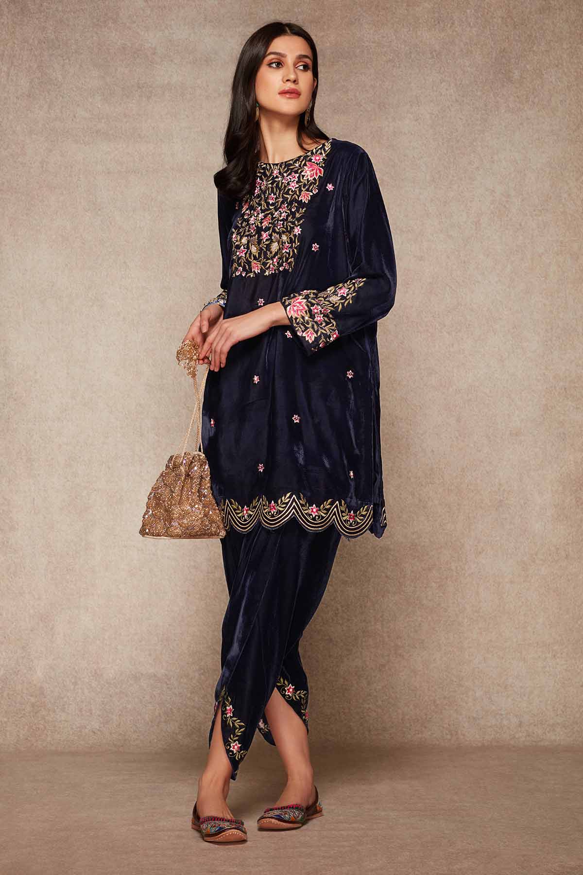 Navy Velvet Short Kurta & Dhoti