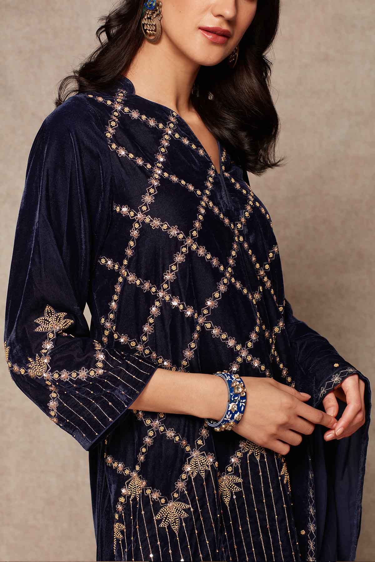 Navy Velvet Short Kurta Set