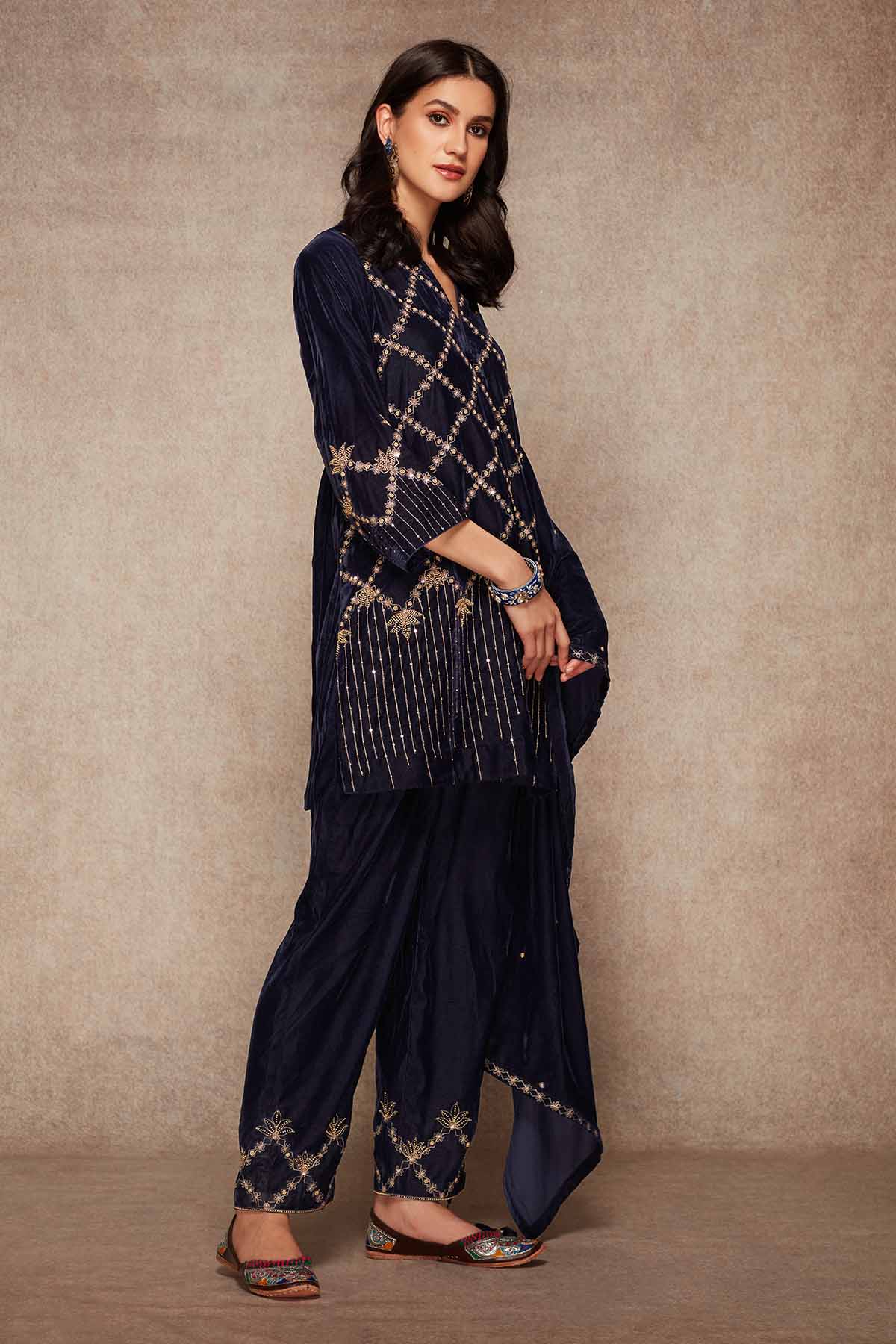 Navy Velvet Short Kurta Set