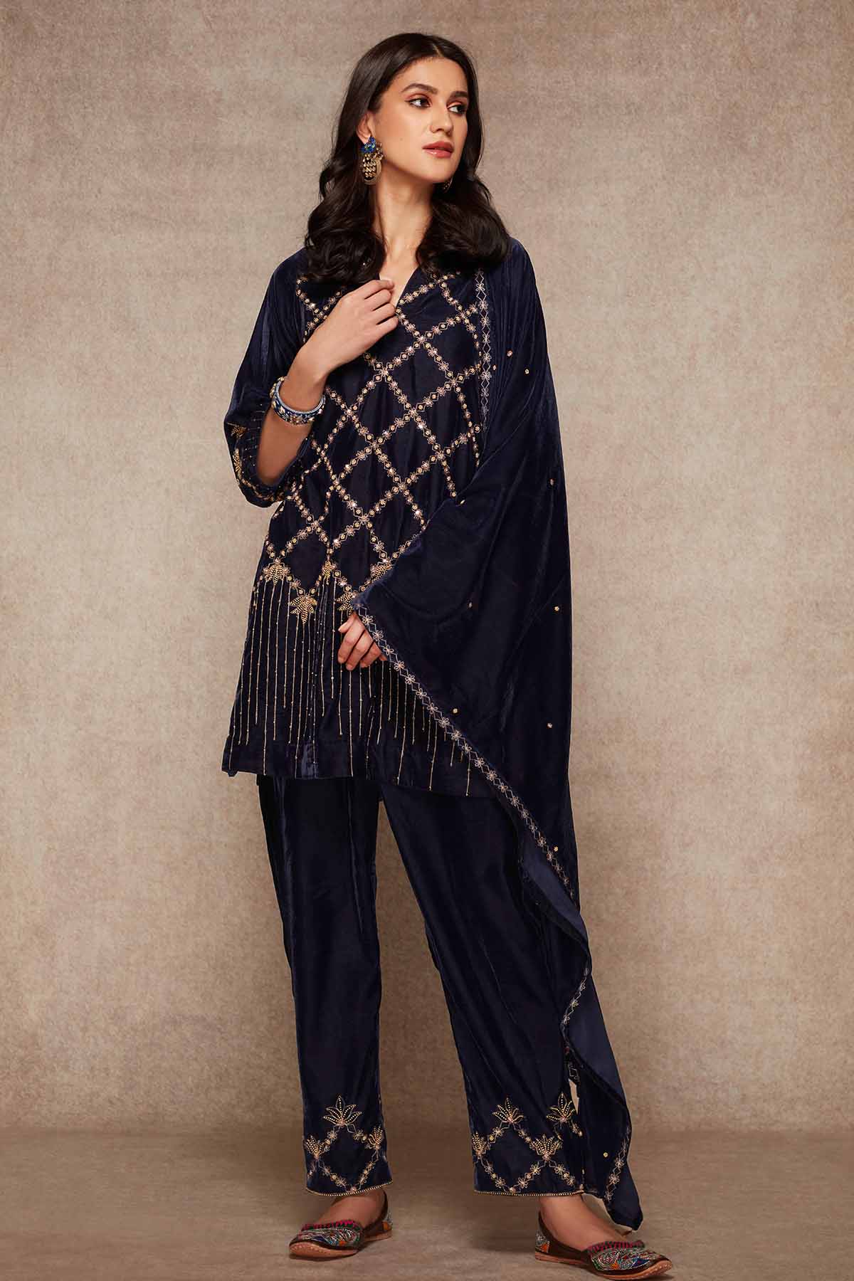 Navy Velvet Short Kurta Set