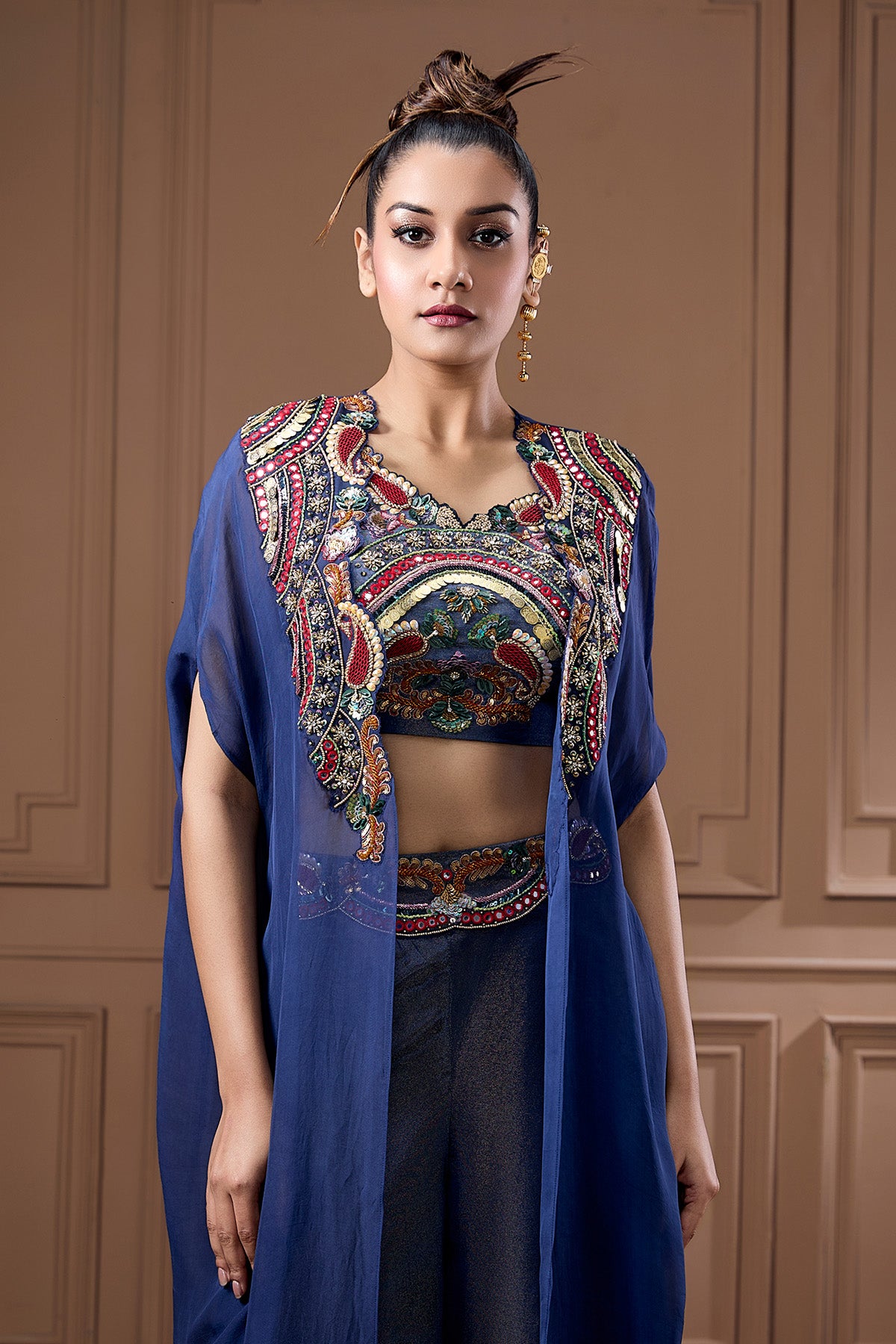 Navy Zari Embellished Cape Set
