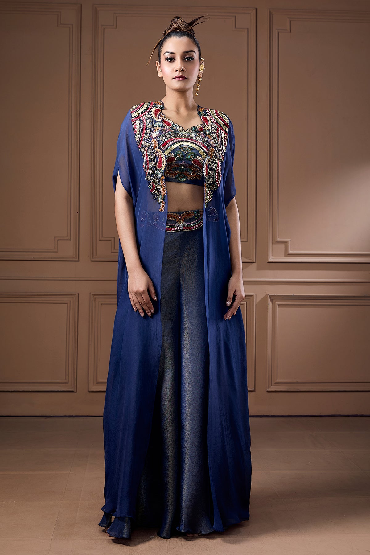 Navy Zari Embellished Cape Set