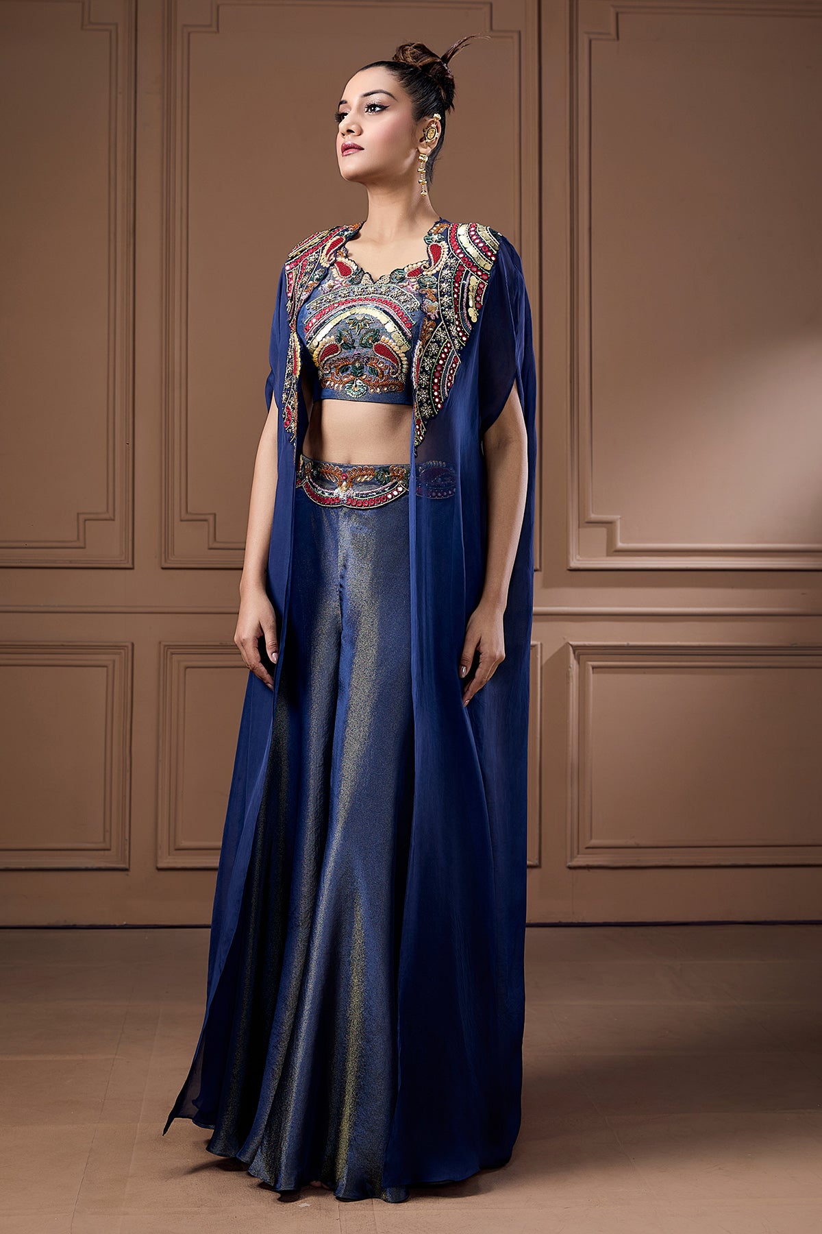 Navy Zari Embellished Cape Set