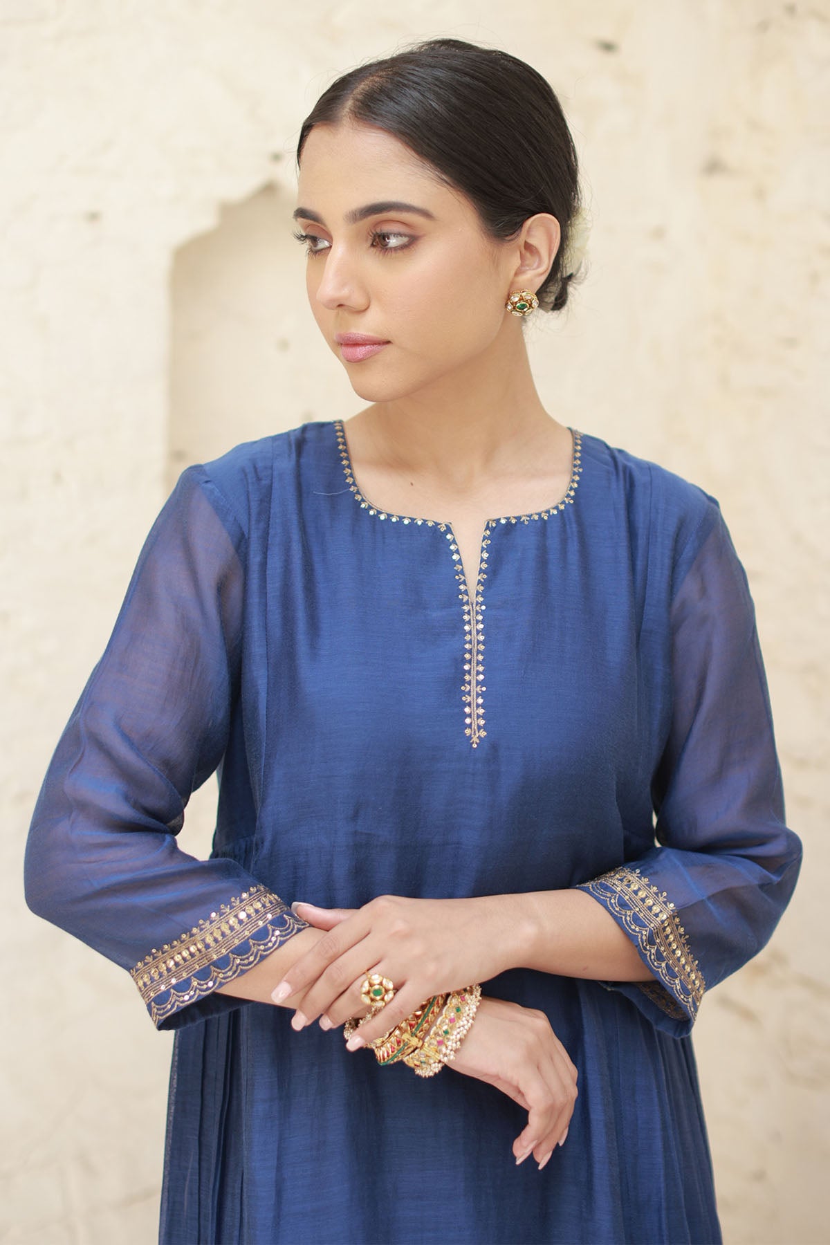 Navy Zari Embroidered Kurta Set