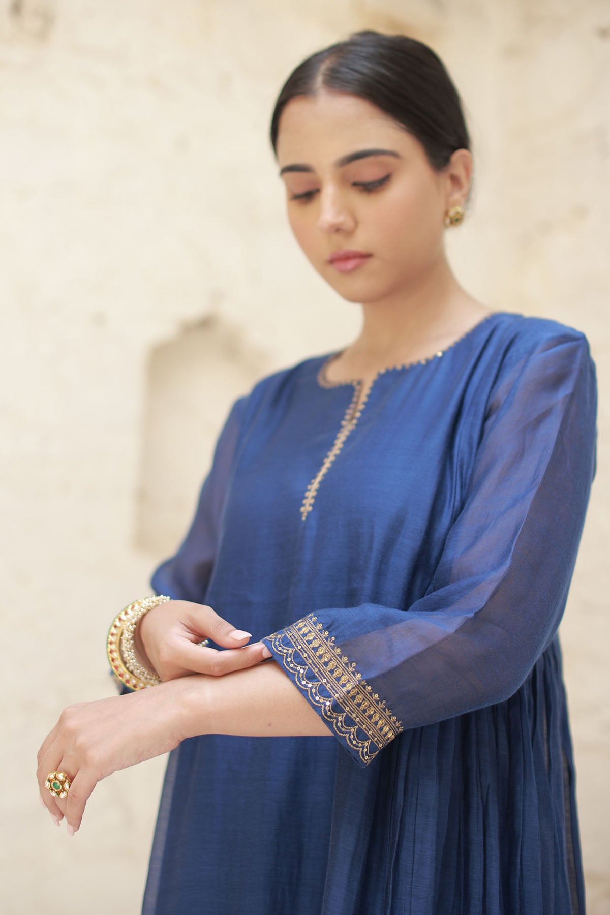 Navy Zari Embroidered Kurta Set