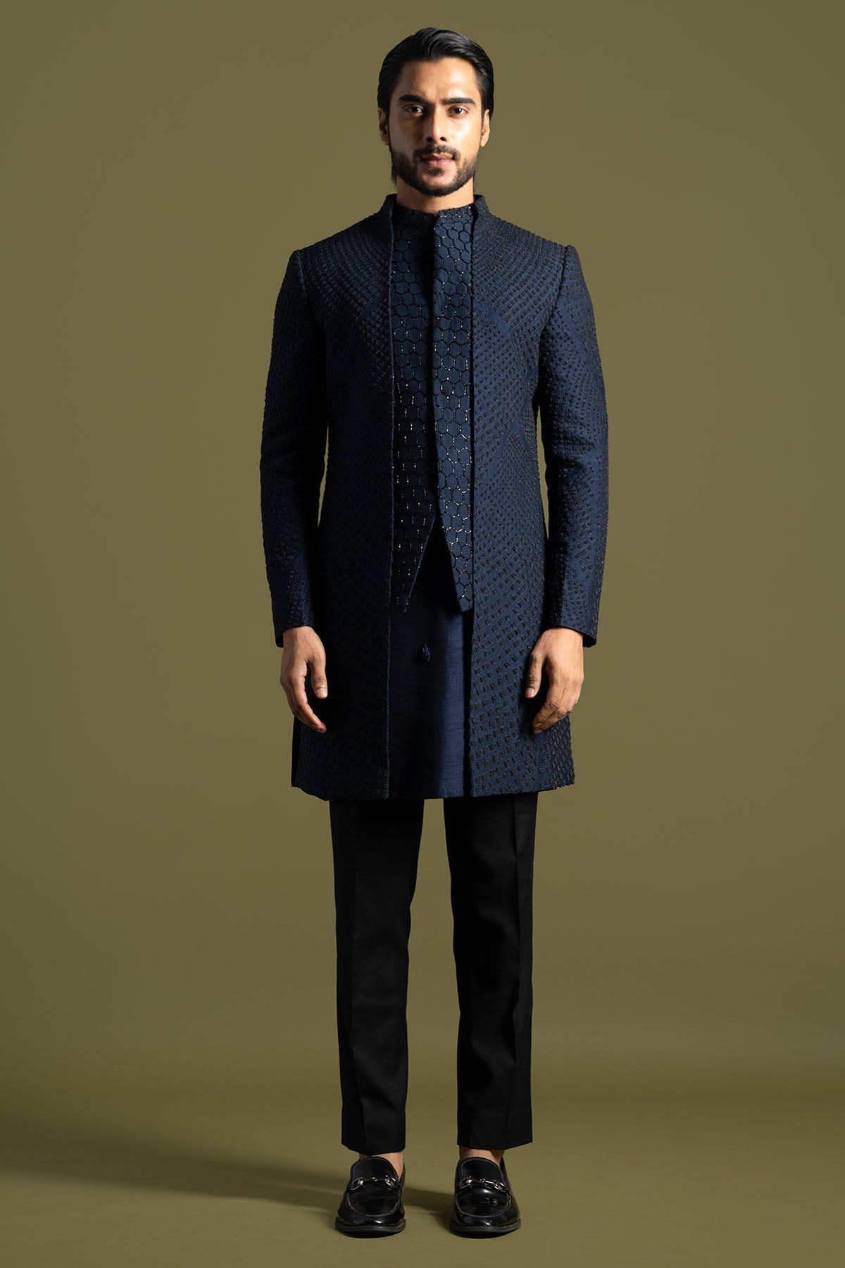 Buy Navy blue Cutdana Achkan Set for men by Paarsh Atelier online available at scrollnshops