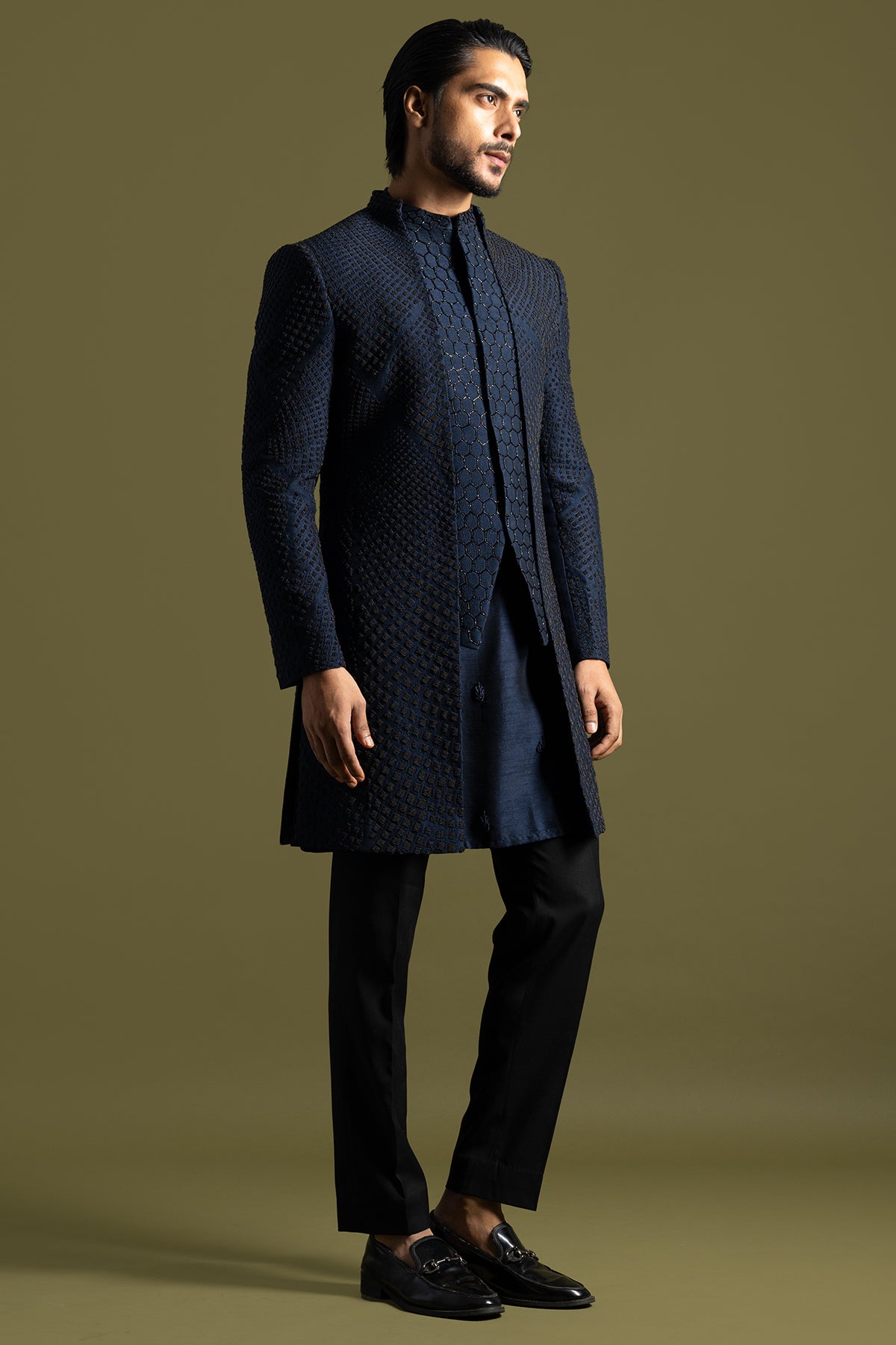 Navy blue Cutdana Achkan Set