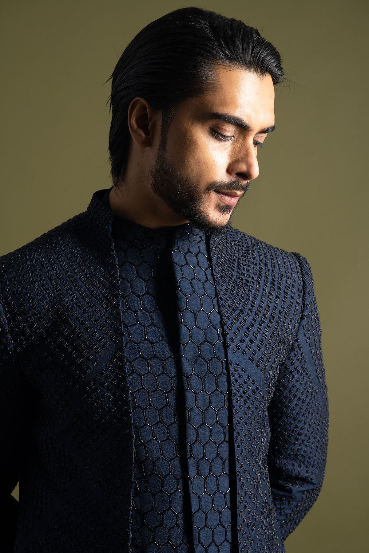 Navy blue Cutdana Achkan Set