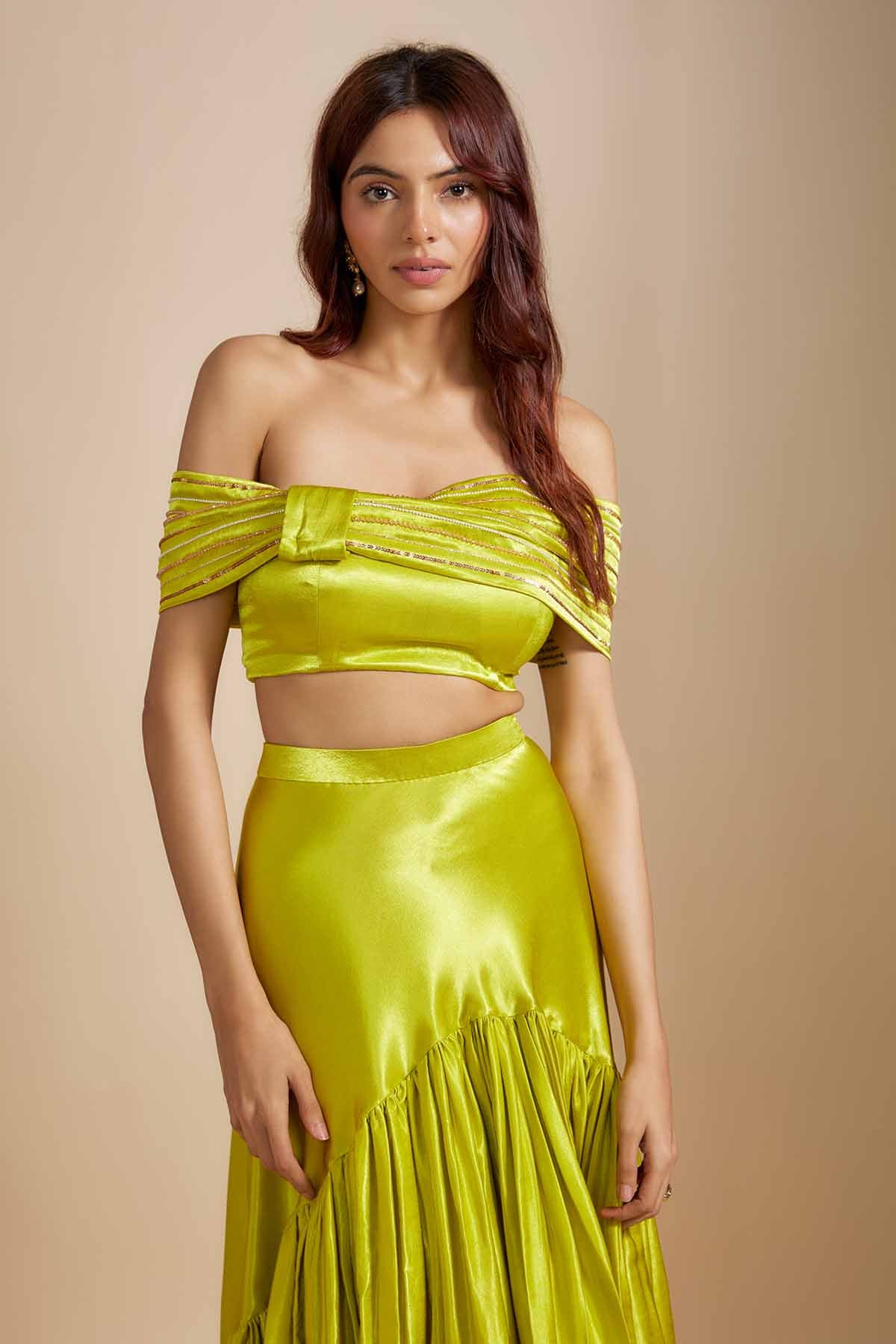 Neon Green Asymmetric Skirt Set