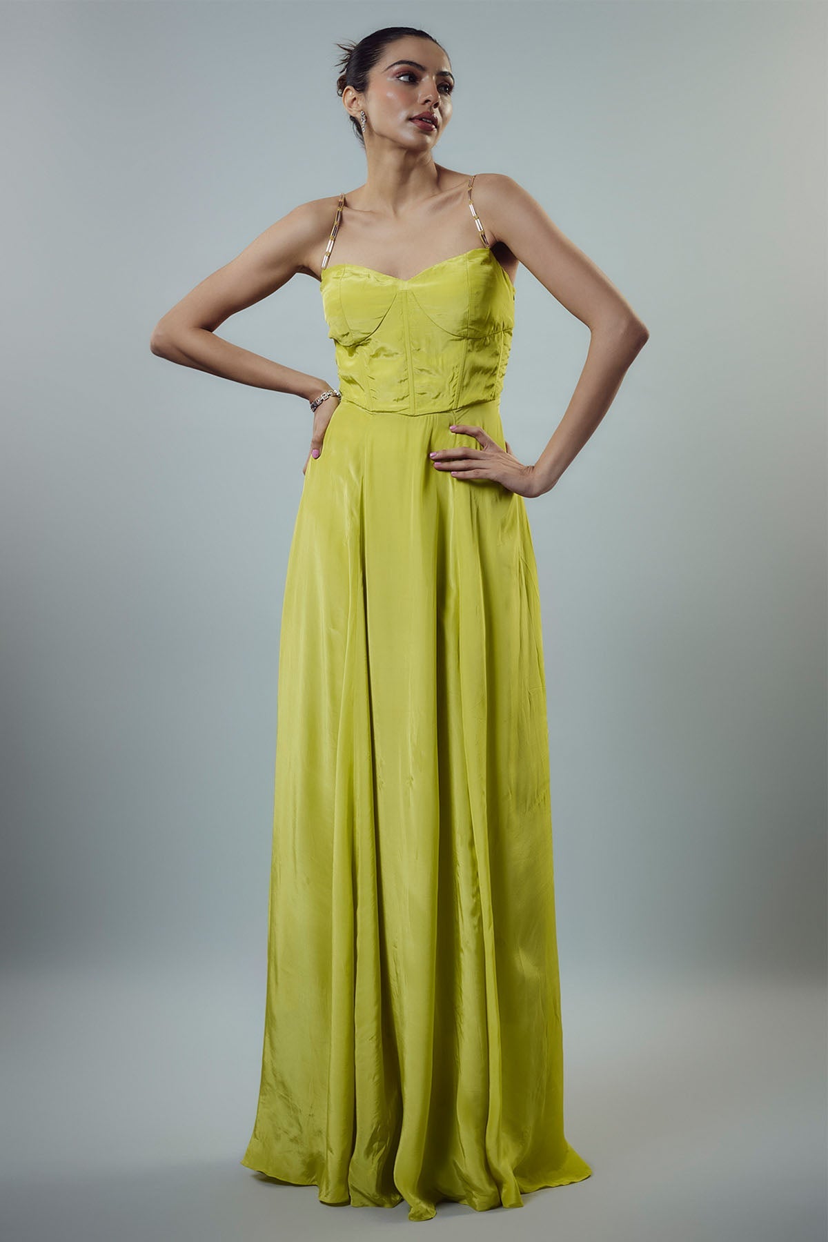 Buy Neon Green Embellished Gown by Emblaze for women online at ScrollnShops