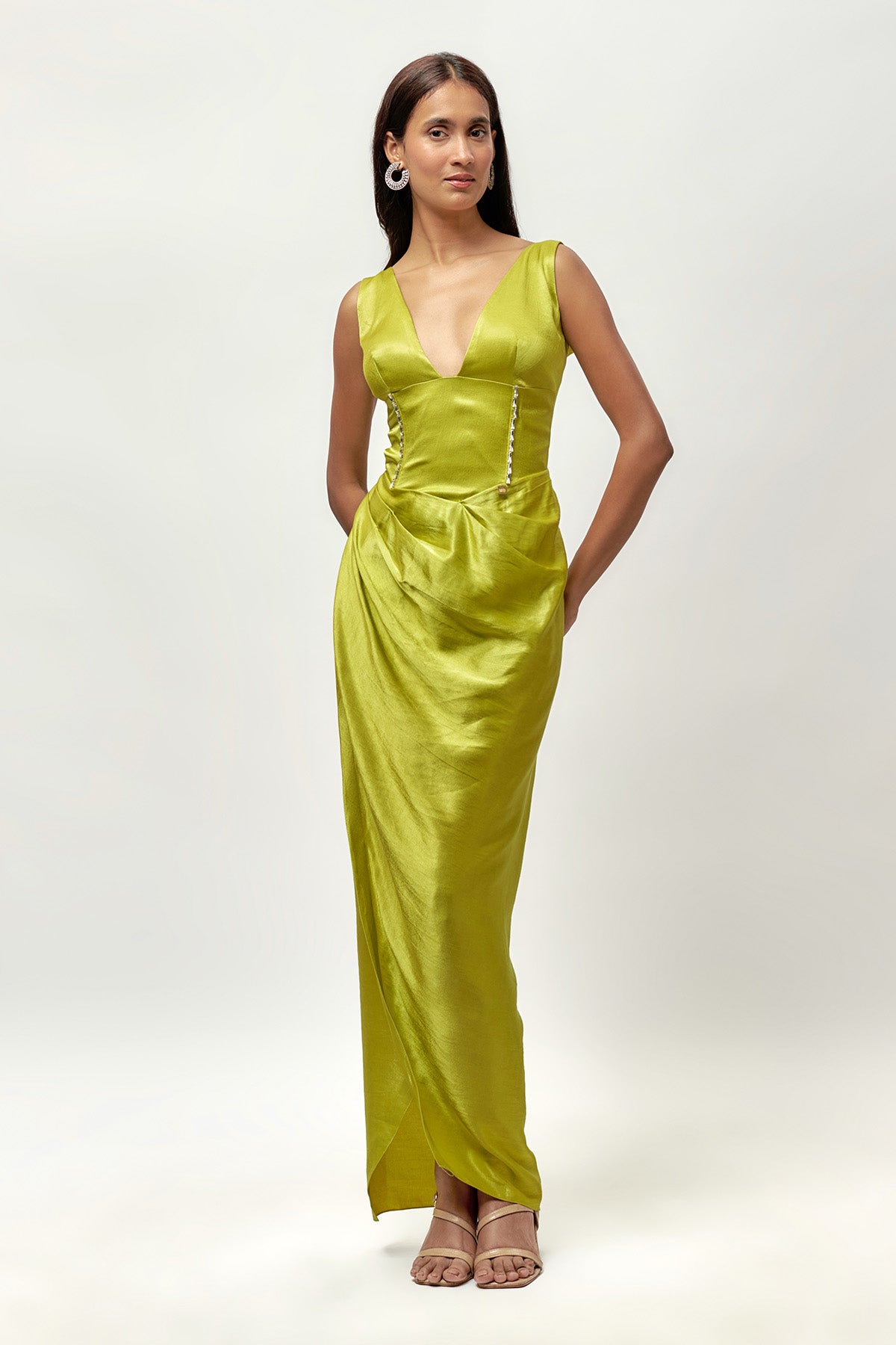 Buy Neon Green Mashroo Drape Gown by Emblaze for women online at ScrollnShops