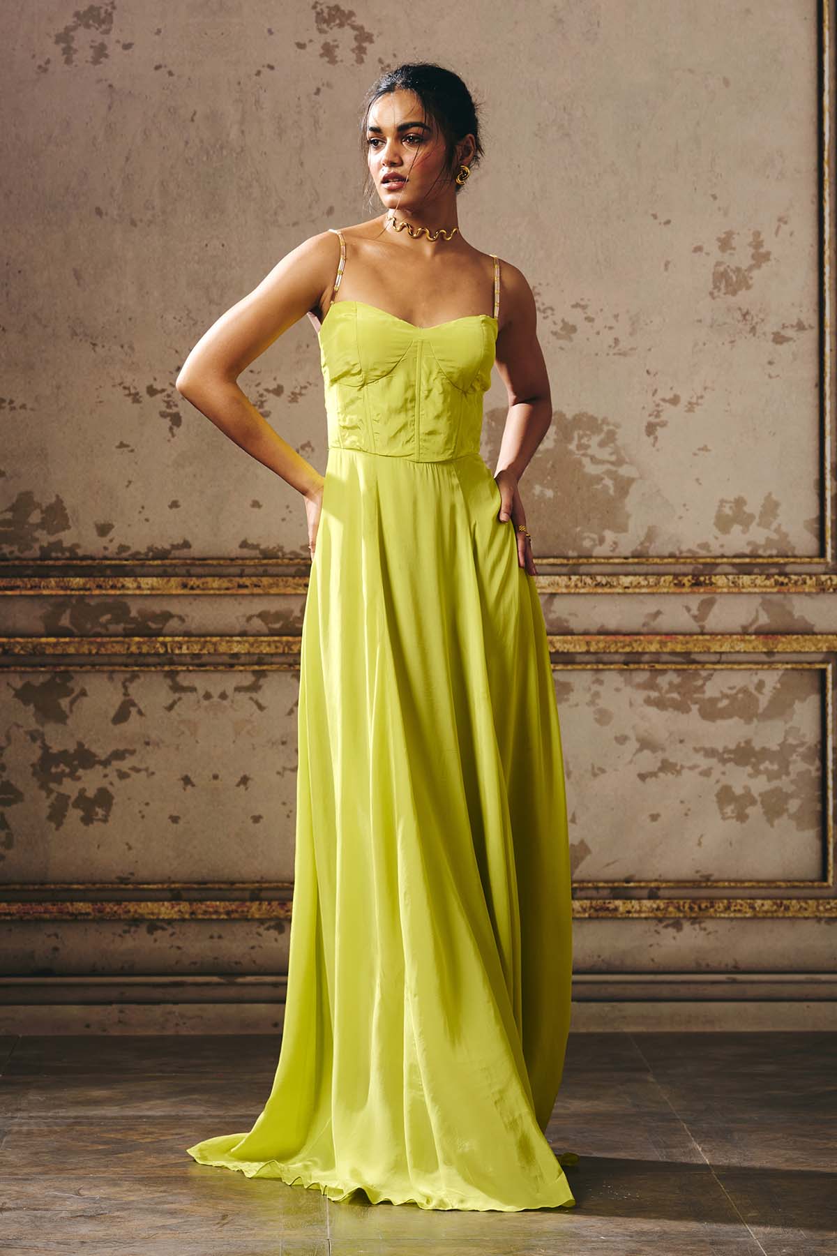 Buy Neon Green Off Shoulder Gown by Masumi Mewawalla for women online at ScrollnShops