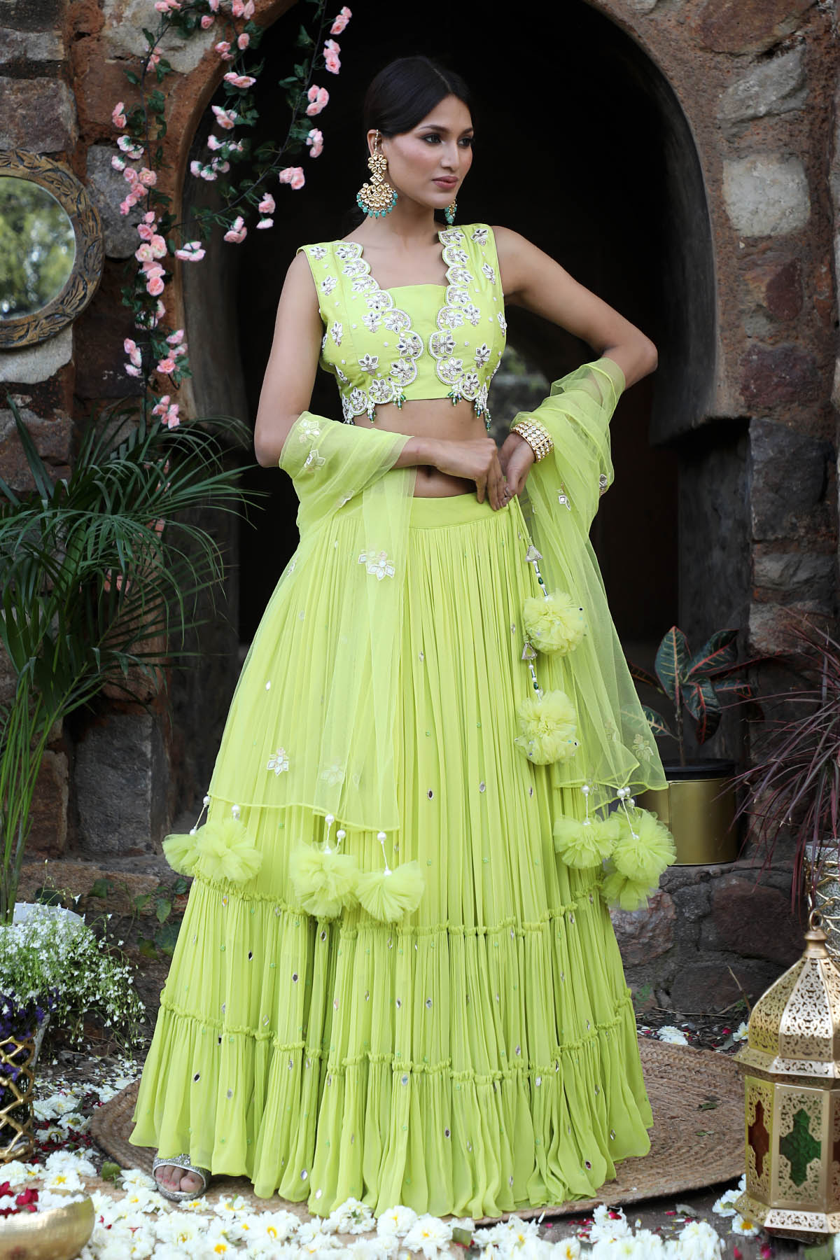 Neon Green Zari Work Lehenga Set