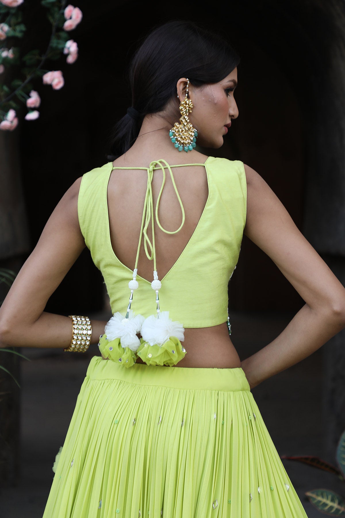 Neon Green Zari Work Lehenga Set