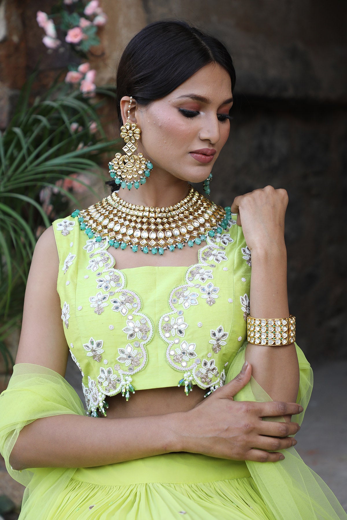 Neon Green Zari Work Lehenga Set