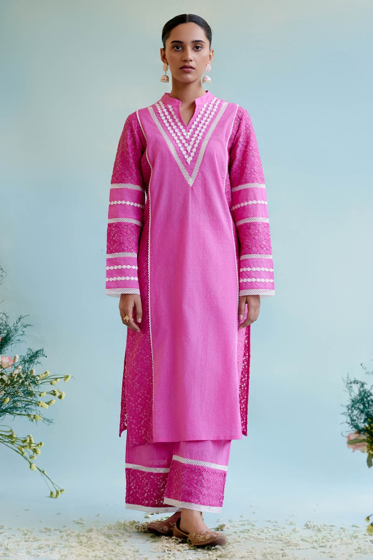 Nero Neon Pink Schiffli Panel Kurta for women at ScrollnShops