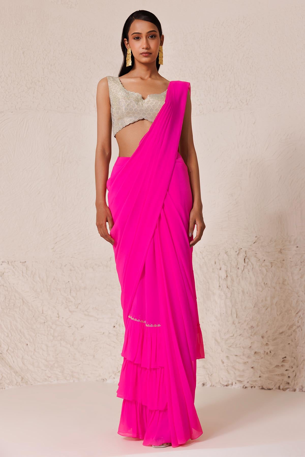 Neon Pink Tiered Draped Saree