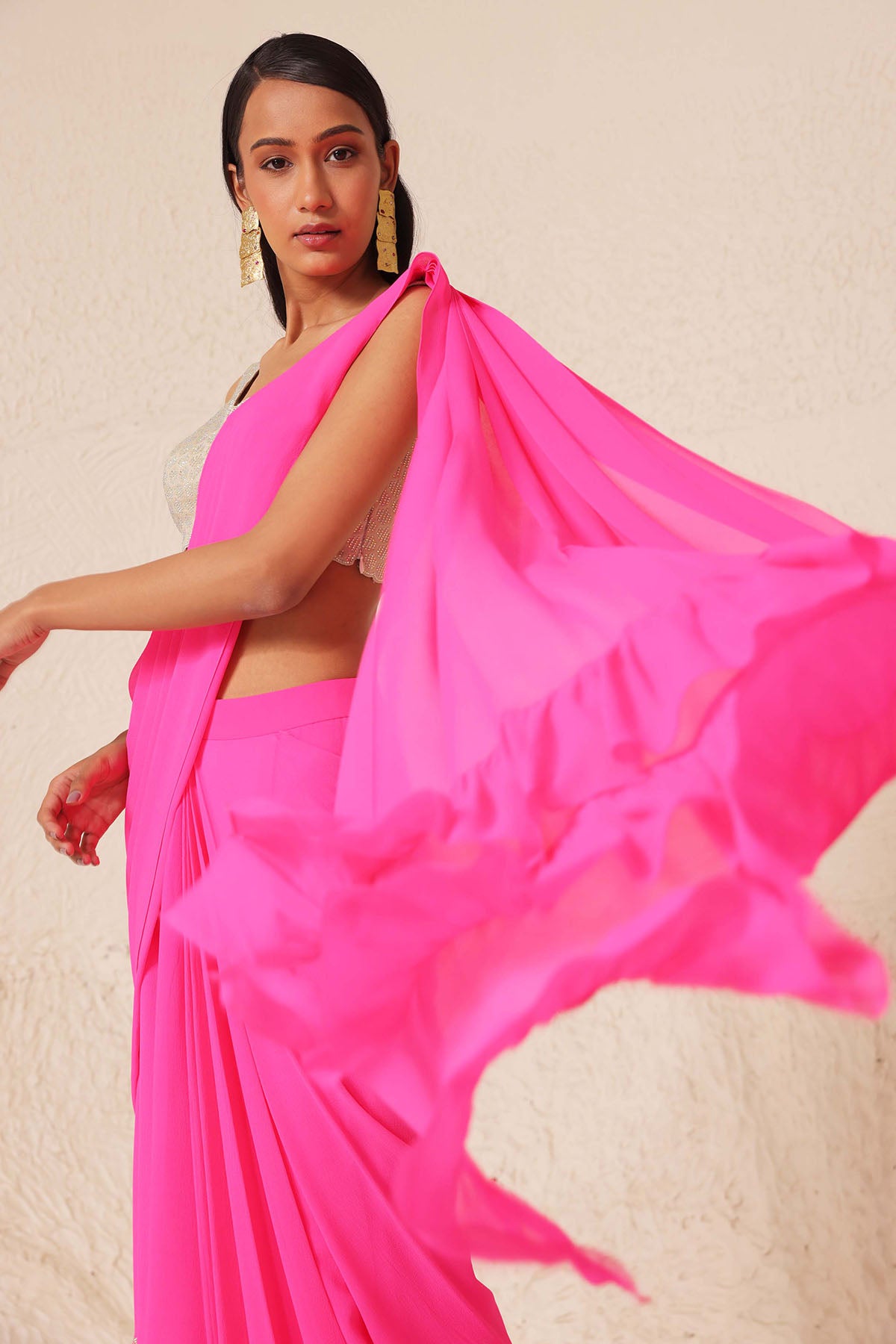 Neon Pink Tiered Draped Saree