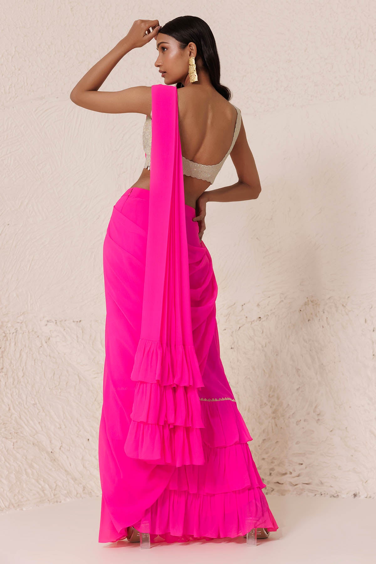 Neon Pink Tiered Draped Saree