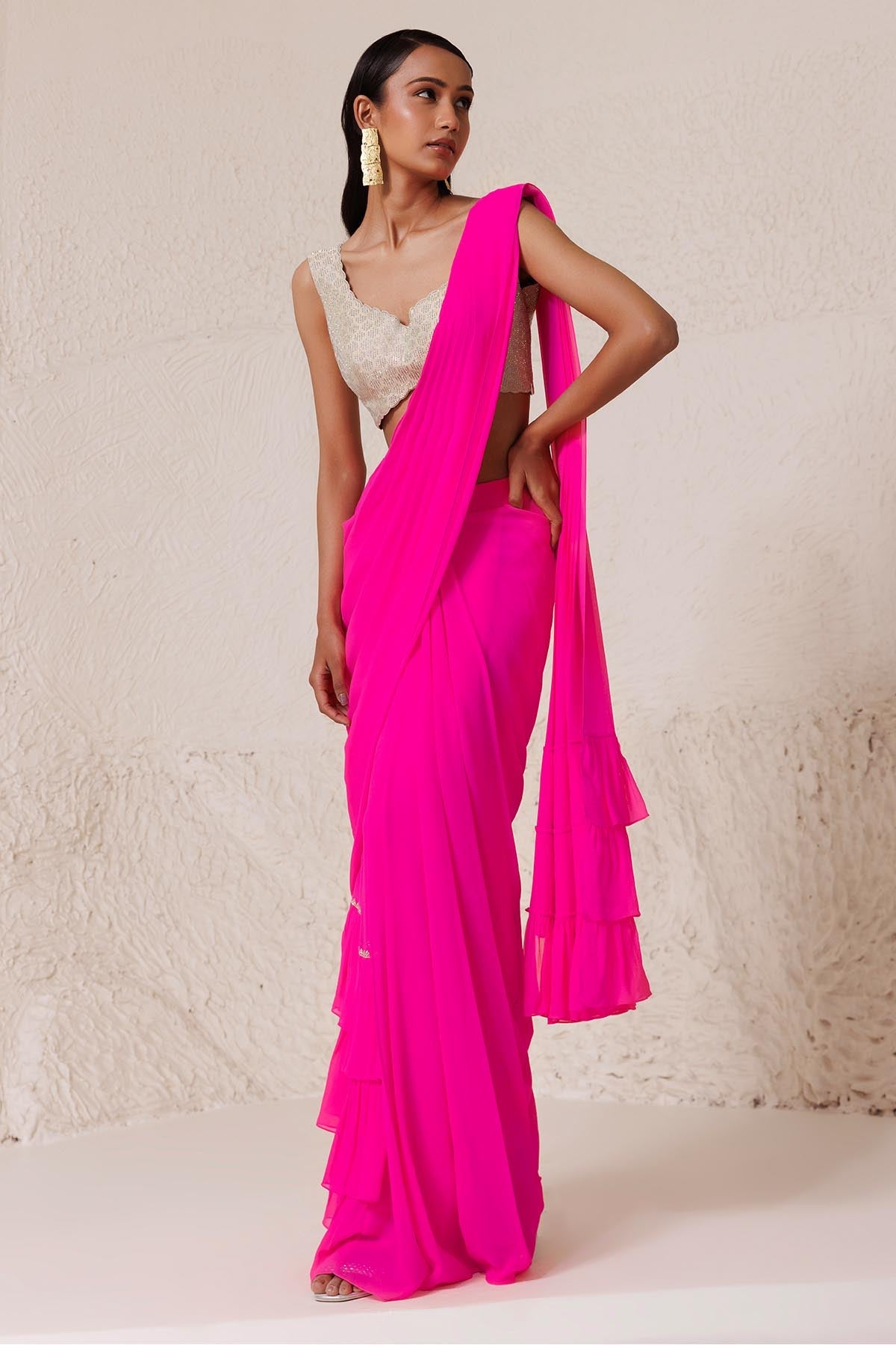 Chhaya Mehrotra Neon Pink Tiered Draped Saree for women online at ScrollnShops