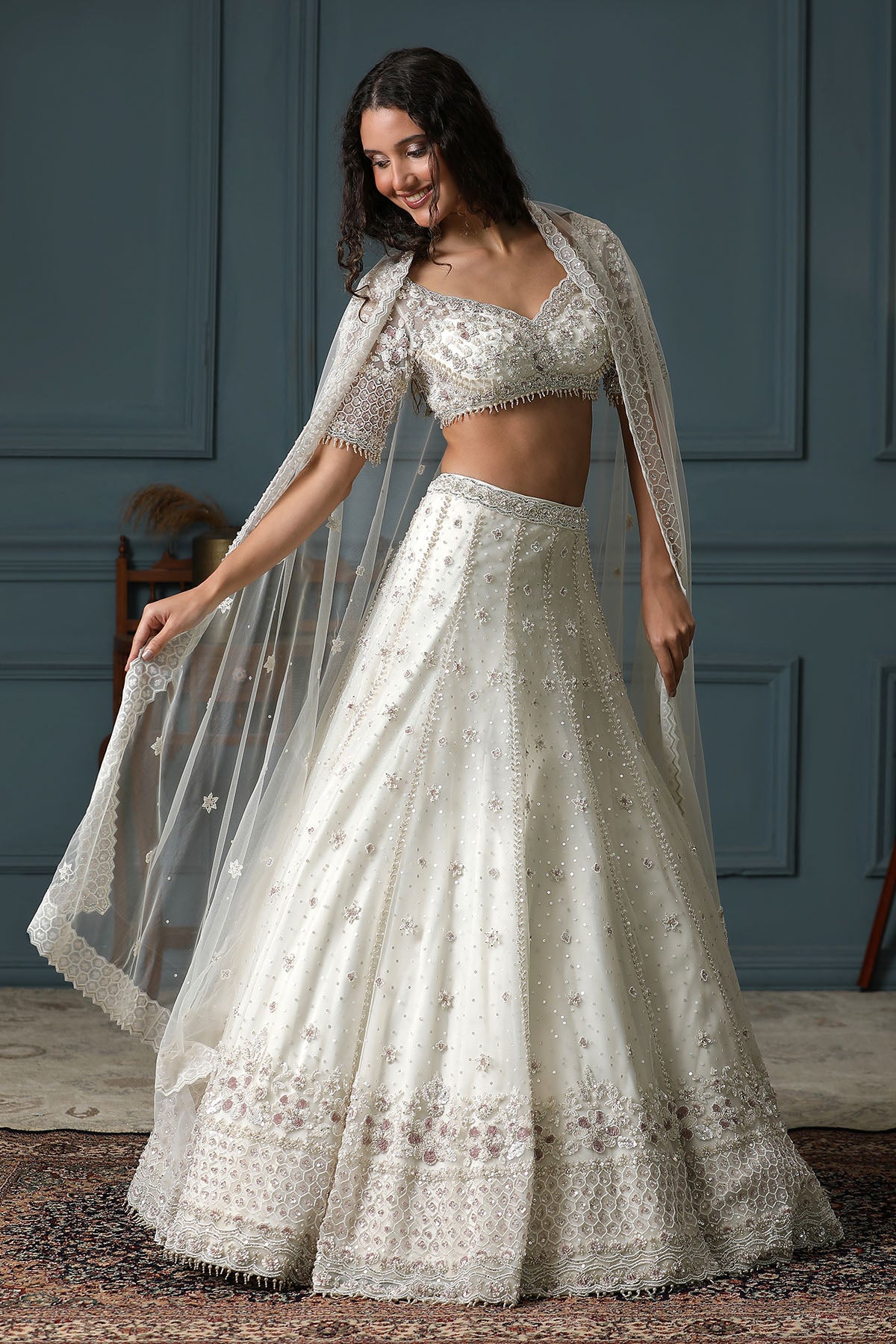 Net Sweetheart Neck Lehenga Set