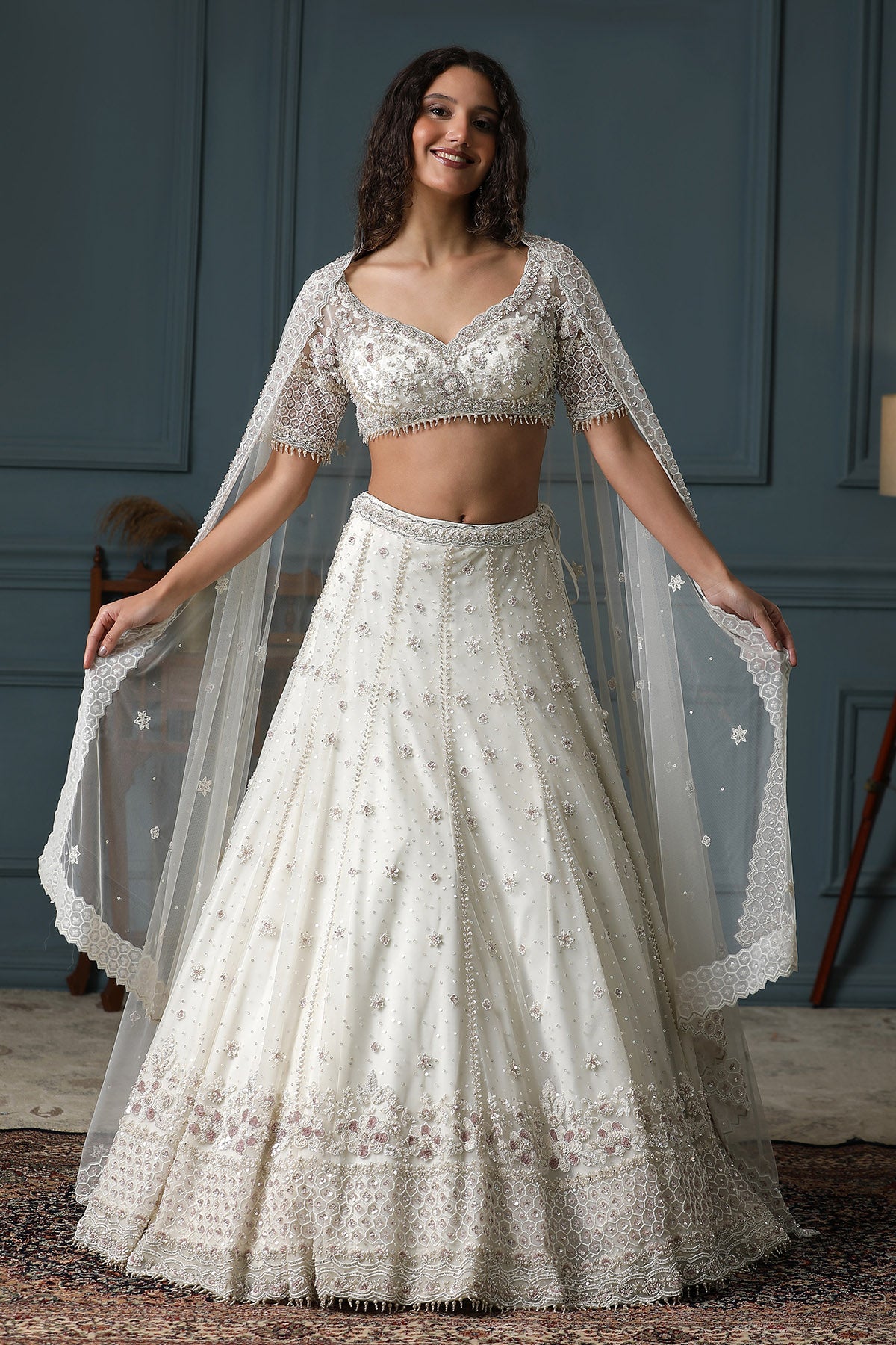 Net Sweetheart Neck Lehenga Set