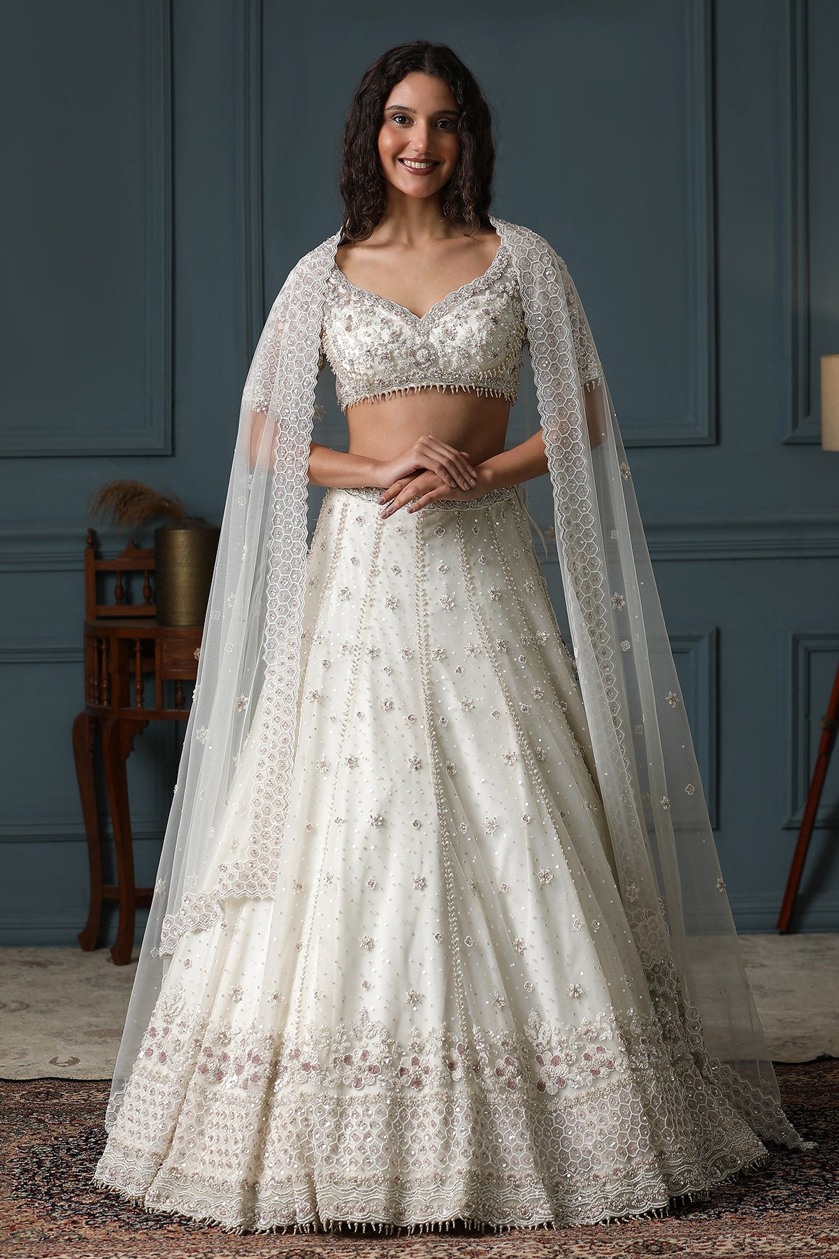 Net Sweetheart Neck Lehenga Set