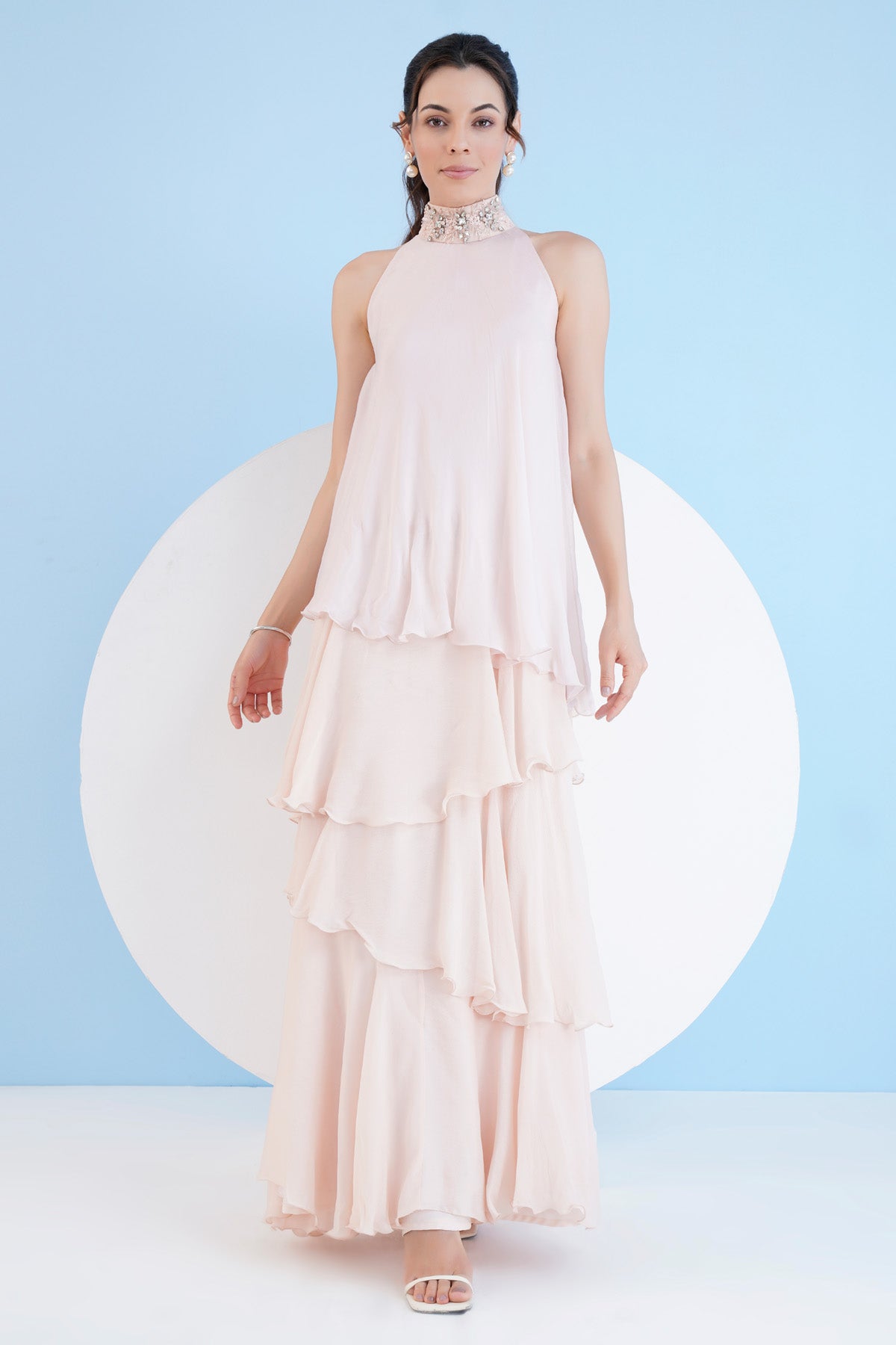 Nude Tiered Halter Neck Dress