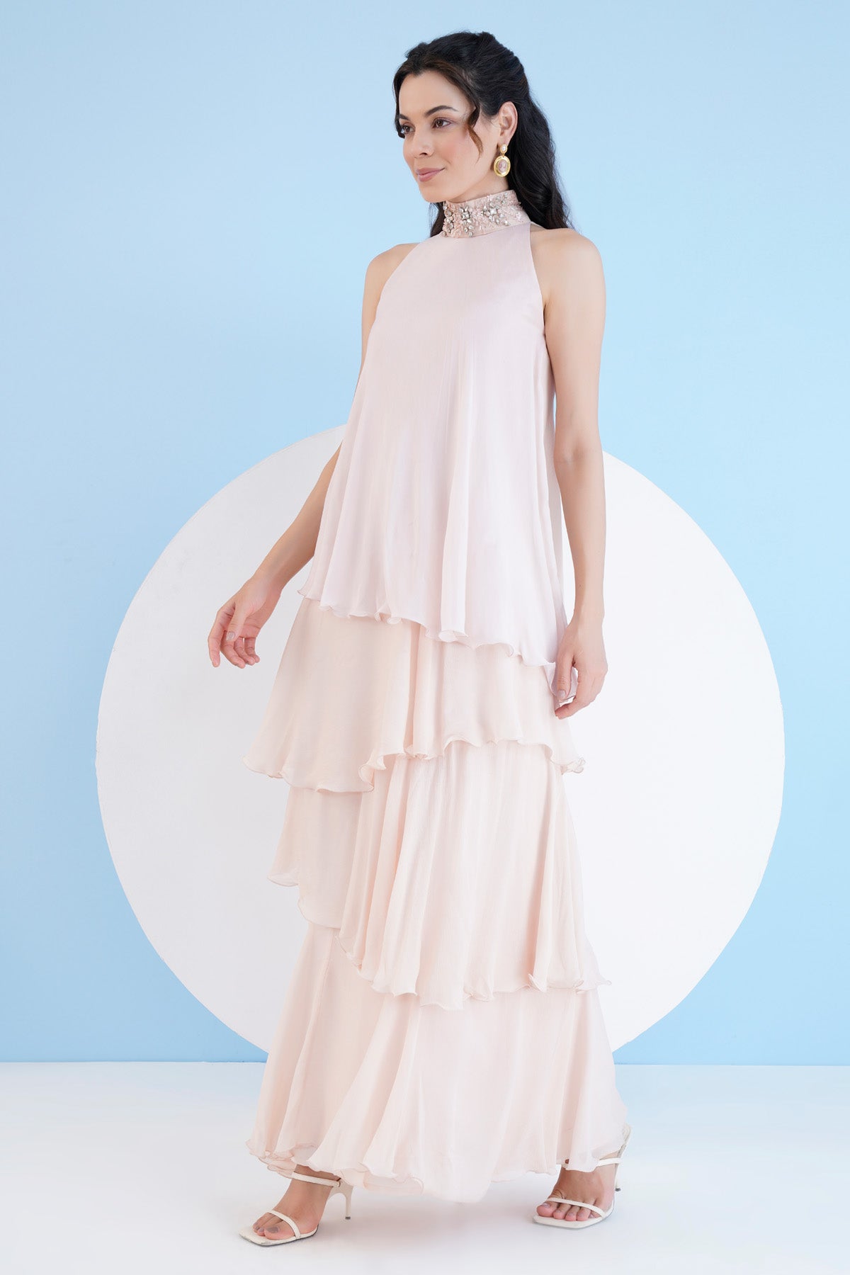 Nude Tiered Halter Neck Dress