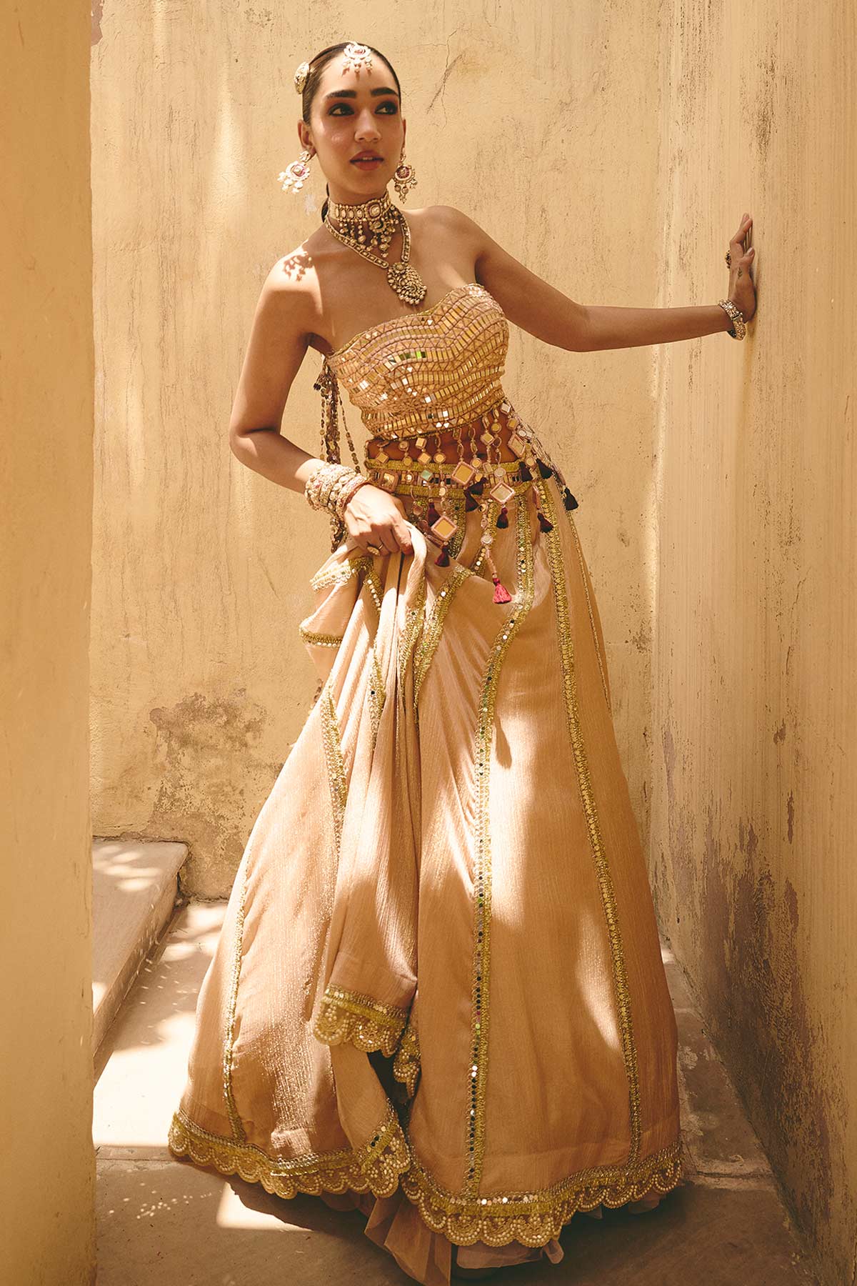 Nude Crinkle Tissue Lehenga Set