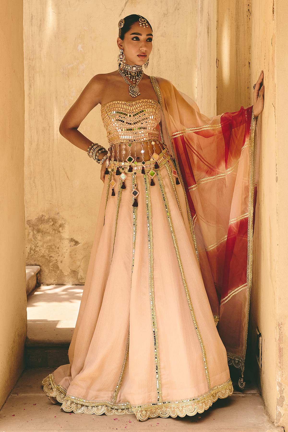 Buy Nude Crinkle Tissue Lehenga Set for women by Ajiesh Oberoi online available at scrollnshops